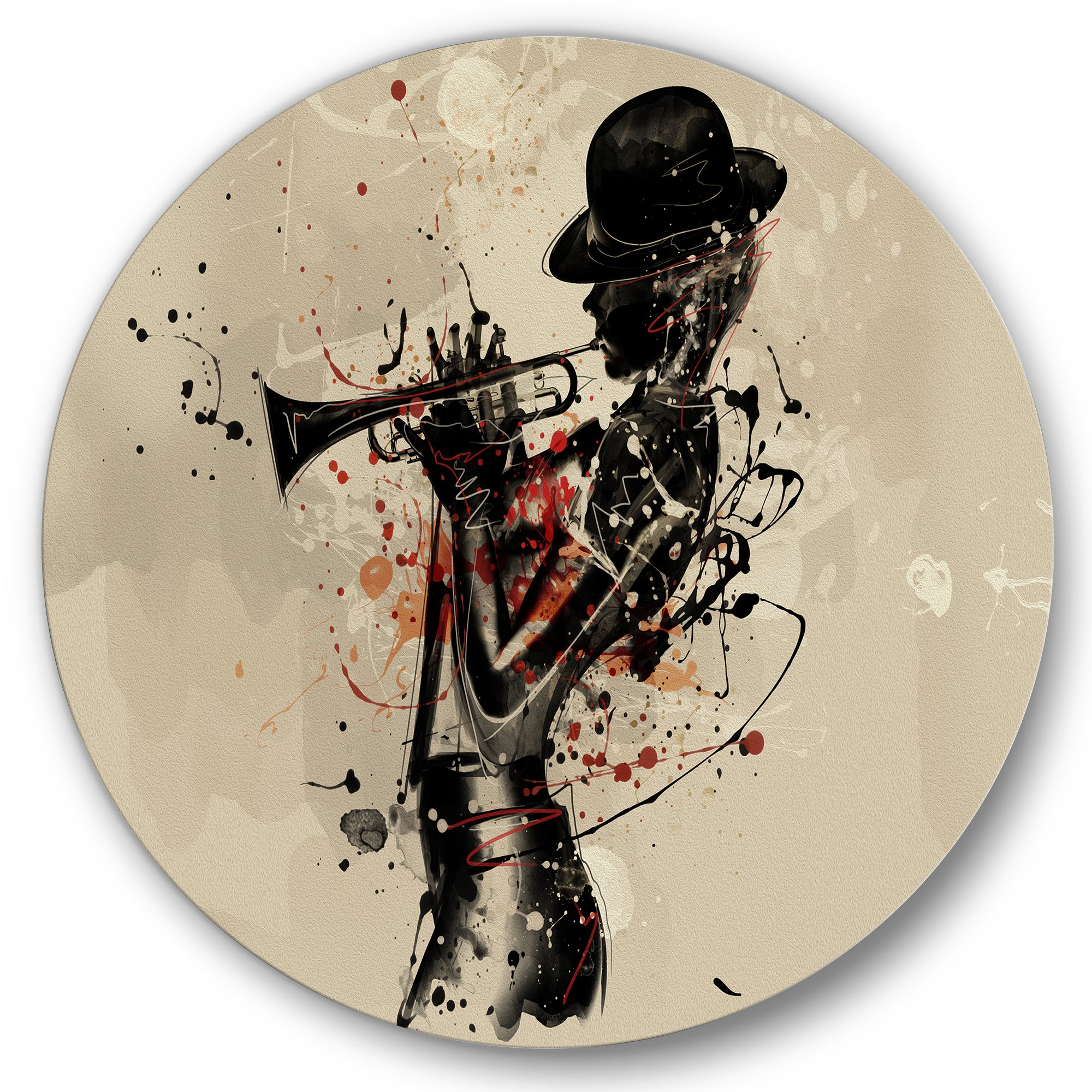 Designart 'Woman Playing Jazz Trumpet' Modern Metal Circle Wall Art