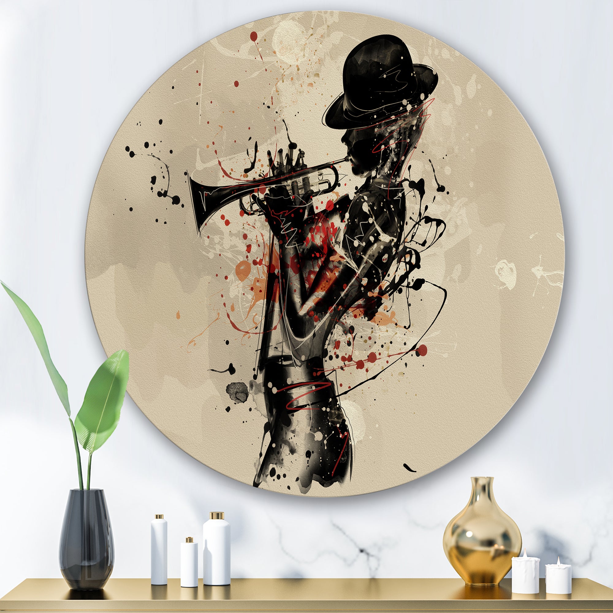 Designart 'Woman Playing Jazz Trumpet' Modern Metal Circle Wall Art