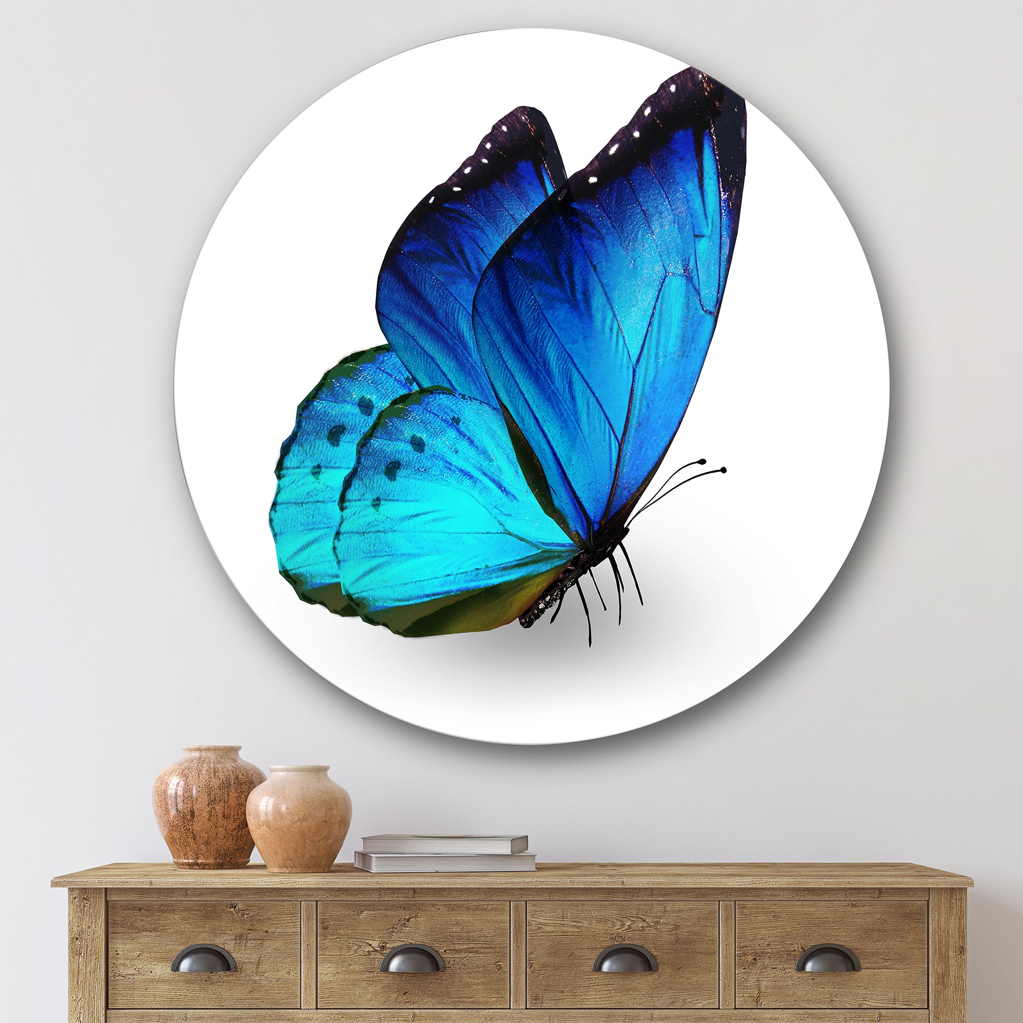 Designart 'Vibrant Blue Butterfly' Modern Metal Circle Wall Art