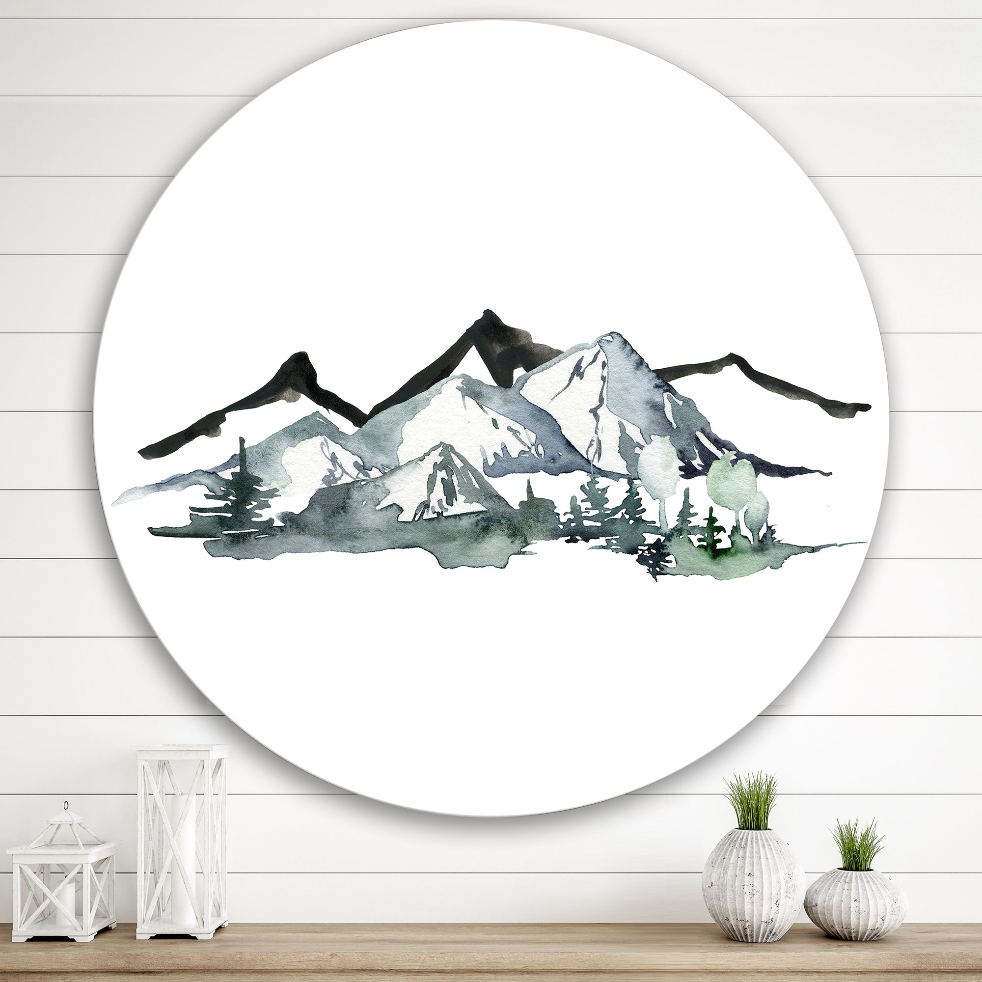 Designart 'Minimalistic Winter Mountains and Fir Forest I' Modern Metal Circle Wall Art