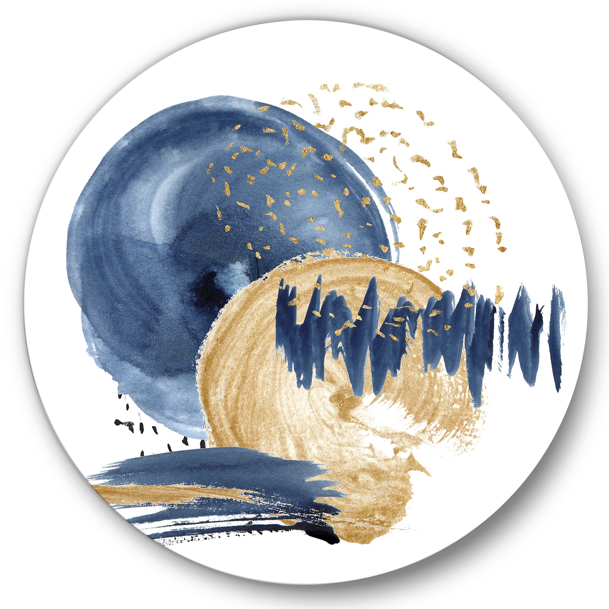 Designart 'Dark Blue & Gold Abstract Circle Ocean Texture' Modern Metal Circle Wall Art