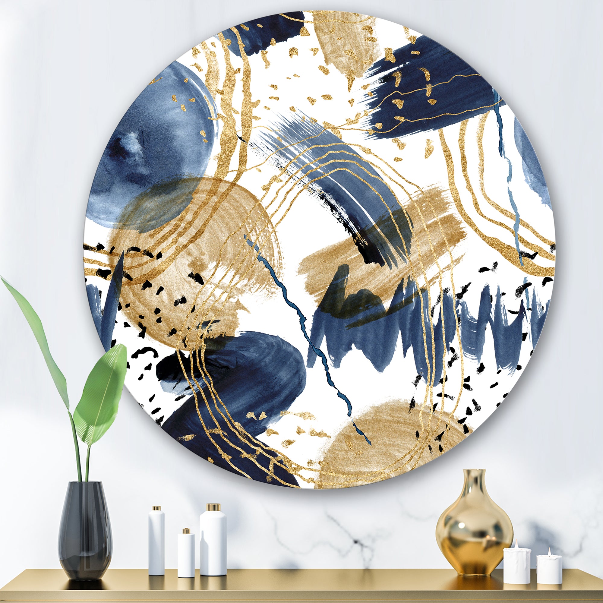 Designart 'Abstract Pattern With Dark Blue & Golden Textures' Modern Metal Circle Wall Art