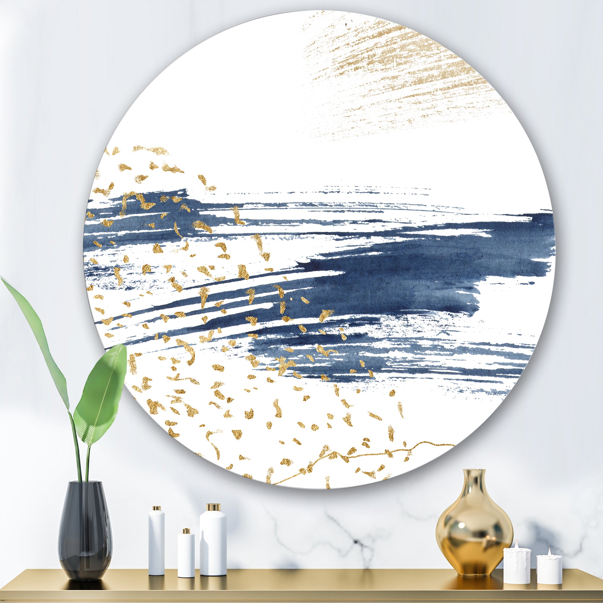 Designart 'Dark Blue and Gold Abstract I' Modern Metal Circle Wall Art