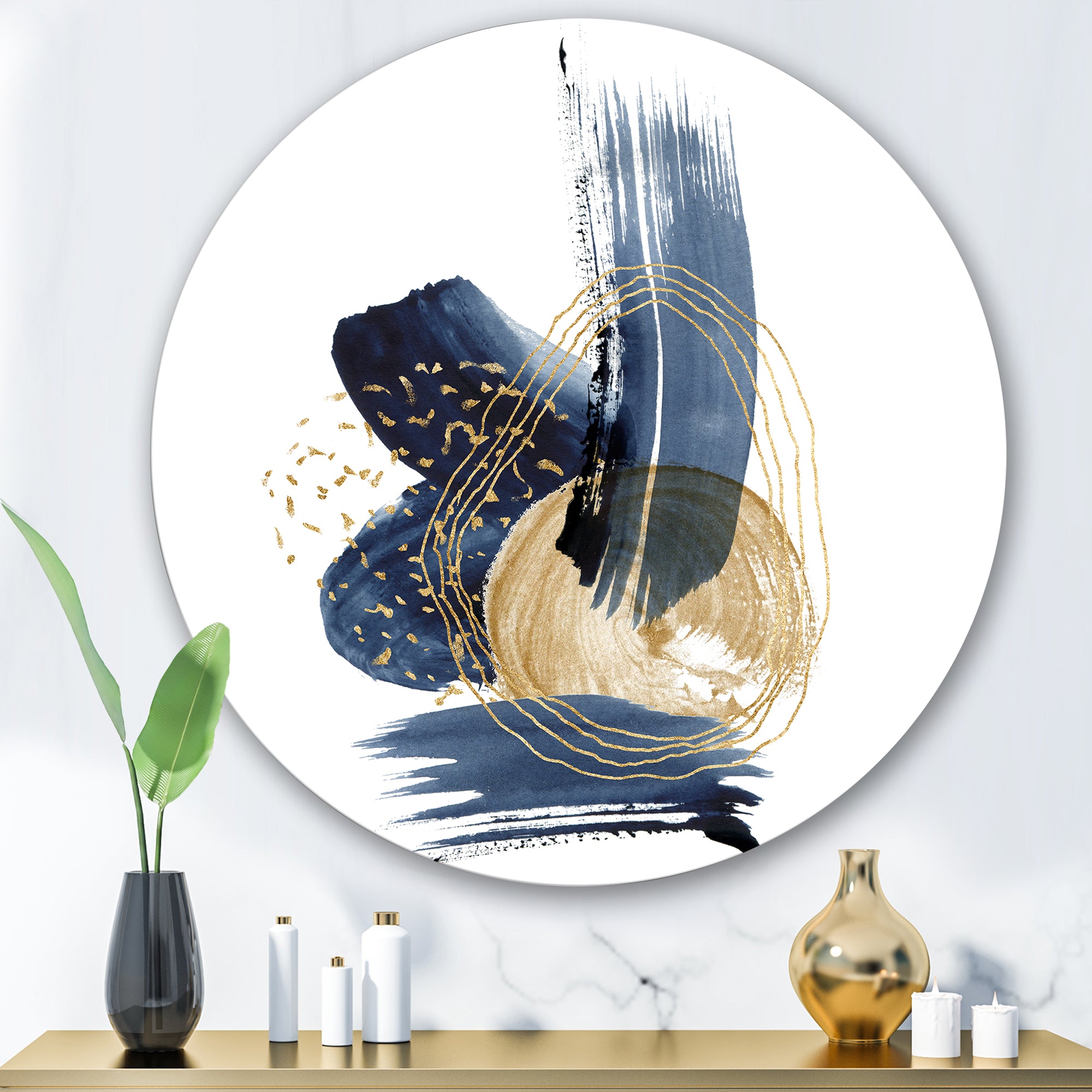 Designart 'Landscape of Dark Blue Mountains & Gold Strokes II' Modern Metal Circle Wall Art