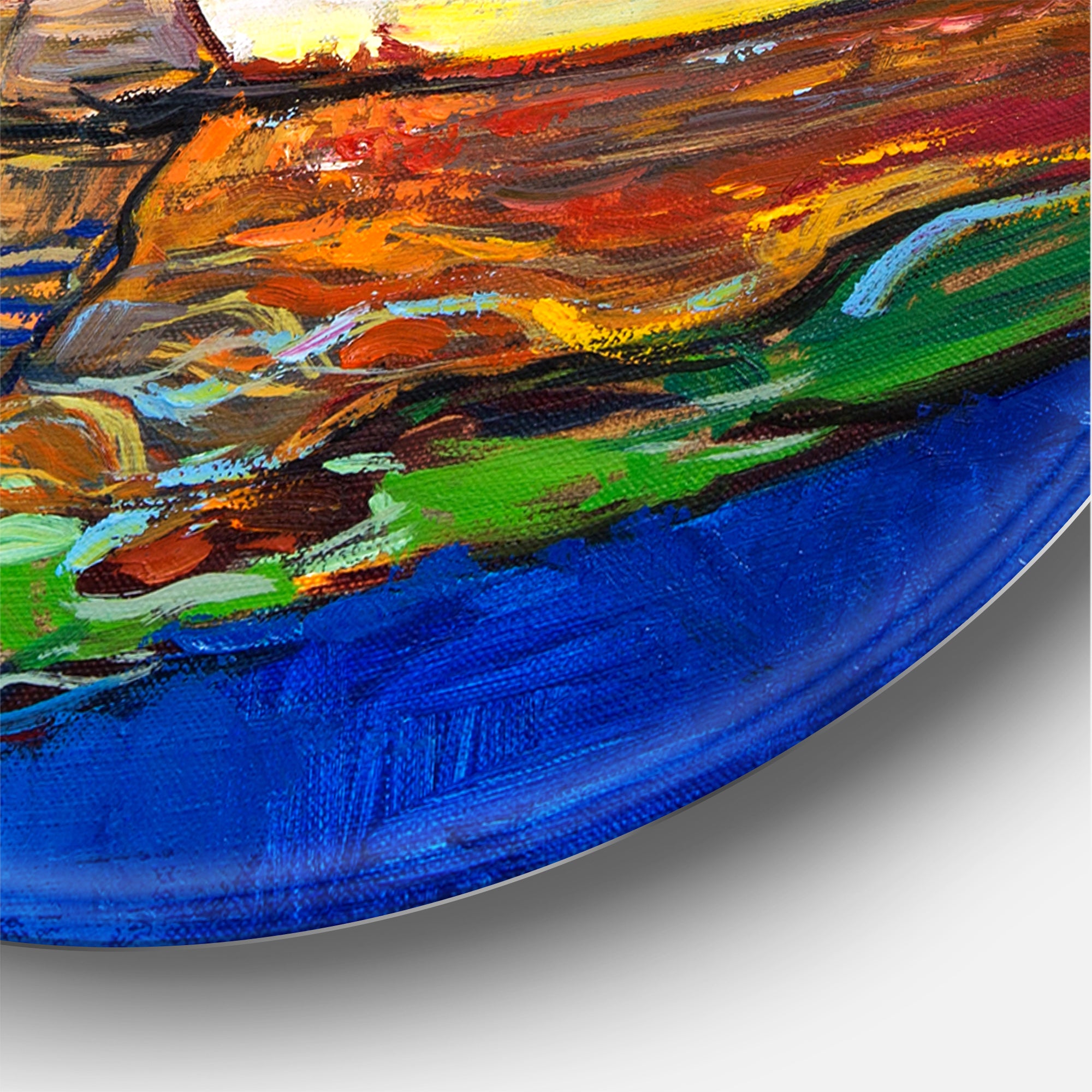 Designart 'Boats Resting On The Water Near Coastal Town II' Nautical & Coastal Metal Circle Wall Art