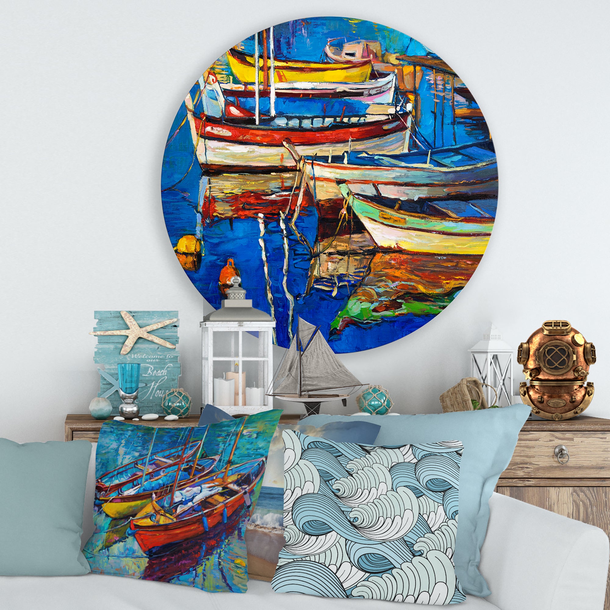 Designart 'Boats Resting On The Water Near Coastal Town II' Nautical & Coastal Metal Circle Wall Art