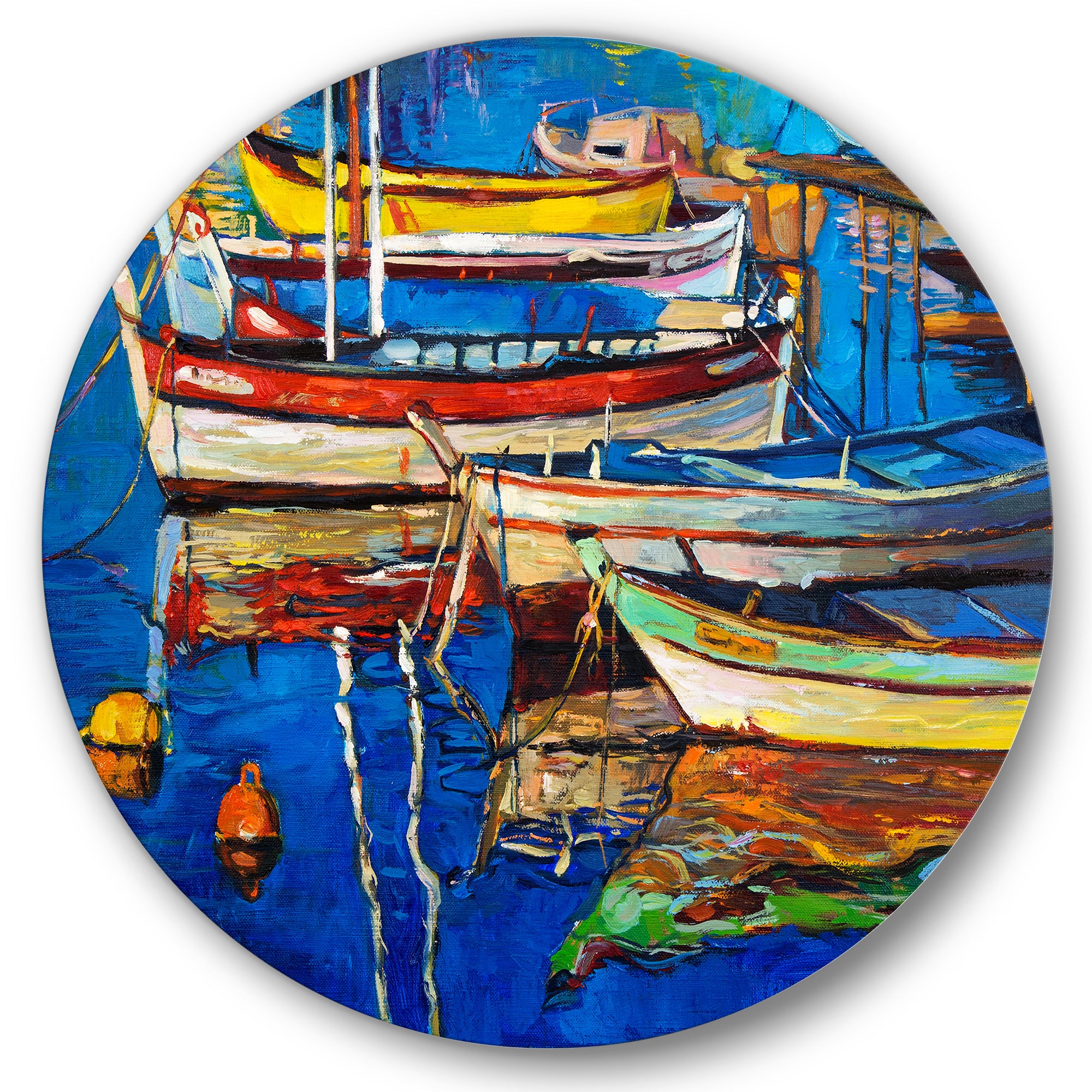 Designart 'Boats Resting On The Water Near Coastal Town II' Nautical & Coastal Metal Circle Wall Art