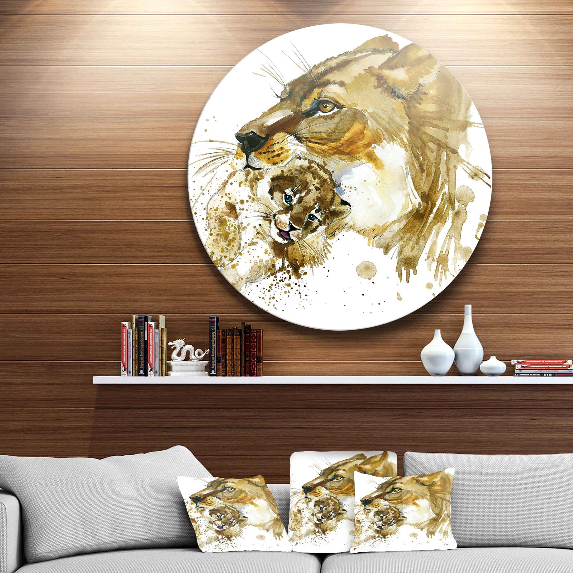 Lioness and Cub Illustration' Animal Metal Circle Wall Art