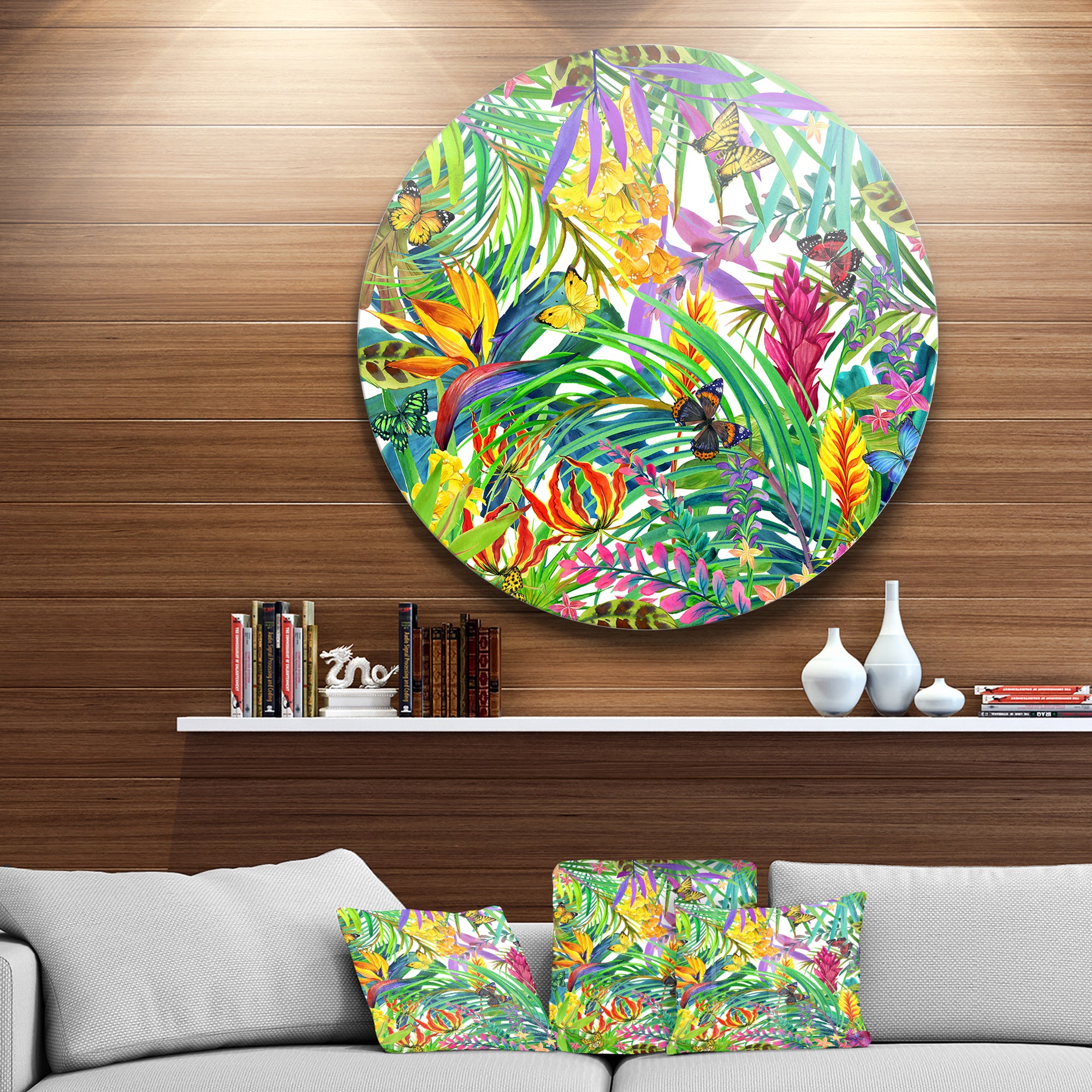 Tropical Leaves and Flowers' Floral Metal Circle Wall Art
