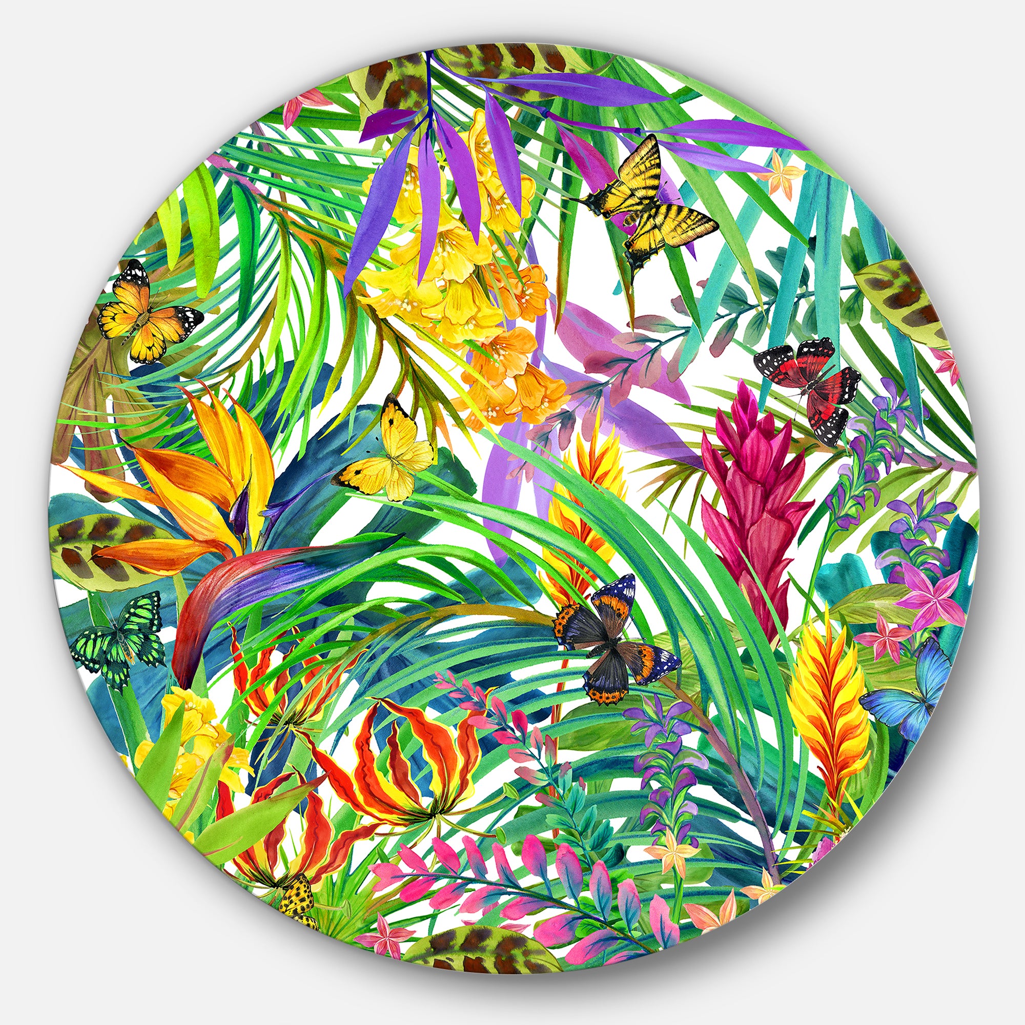 Tropical Leaves and Flowers' Floral Metal Circle Wall Art