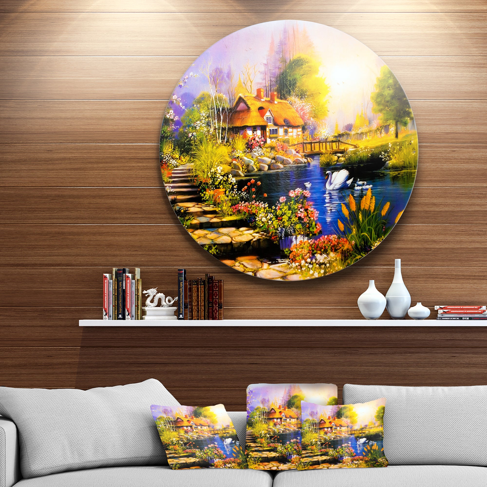 House near the Lake Swans' Landscape Metal Circle Wall Art