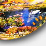 House near the Lake Swans' Landscape Metal Circle Wall Art