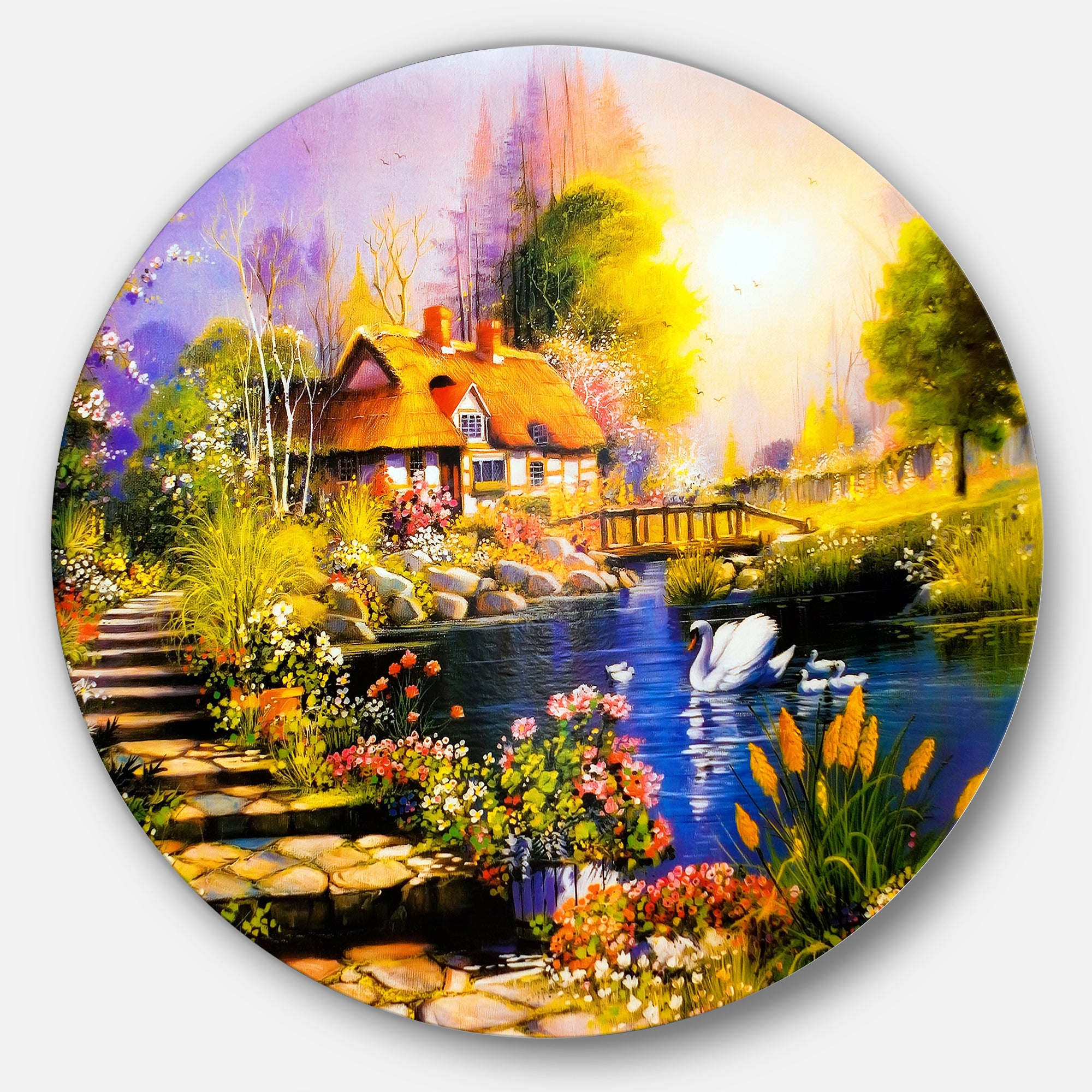 House near the Lake Swans' Landscape Metal Circle Wall Art