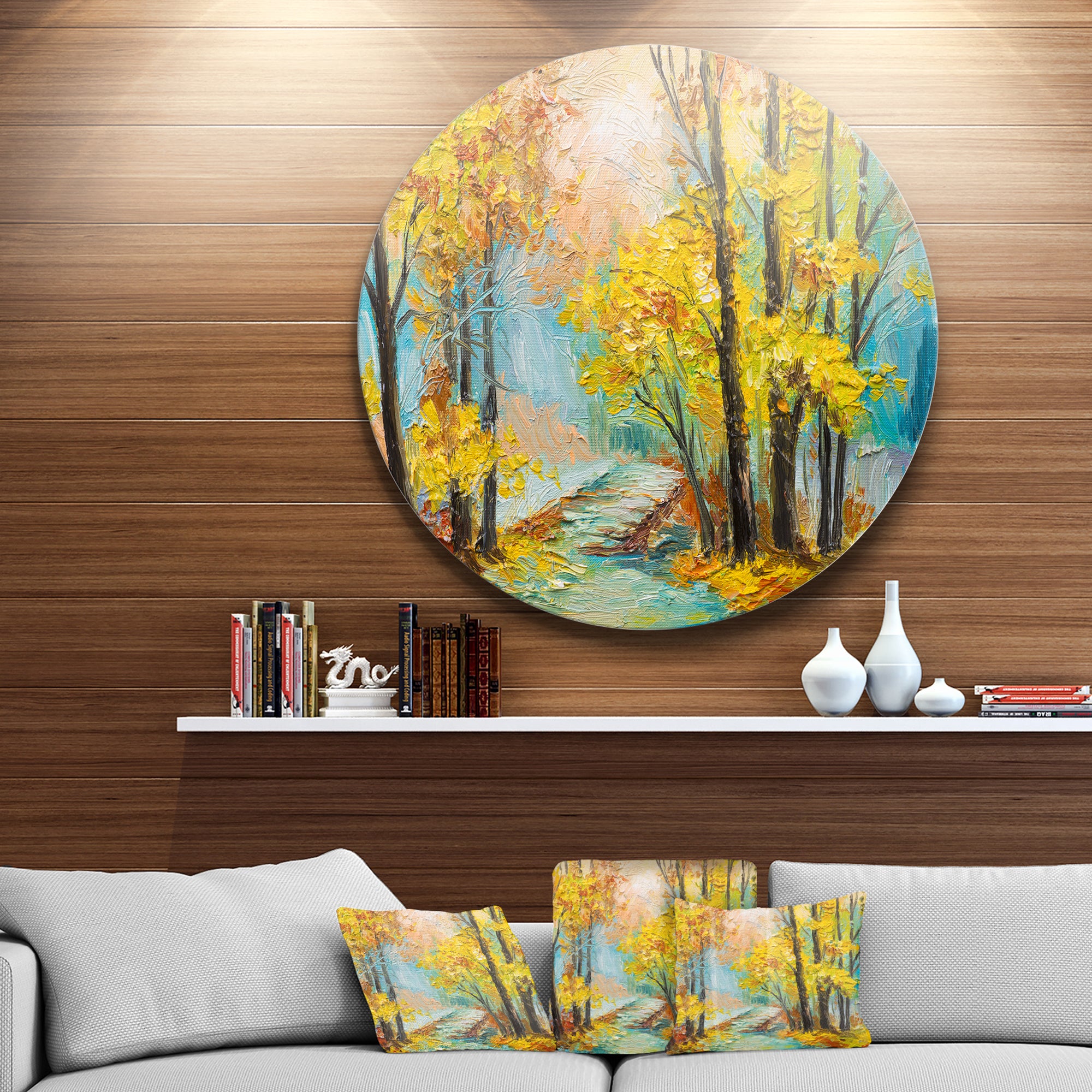 Yellow Falling Forest' Landscape Metal Circle Wall Art