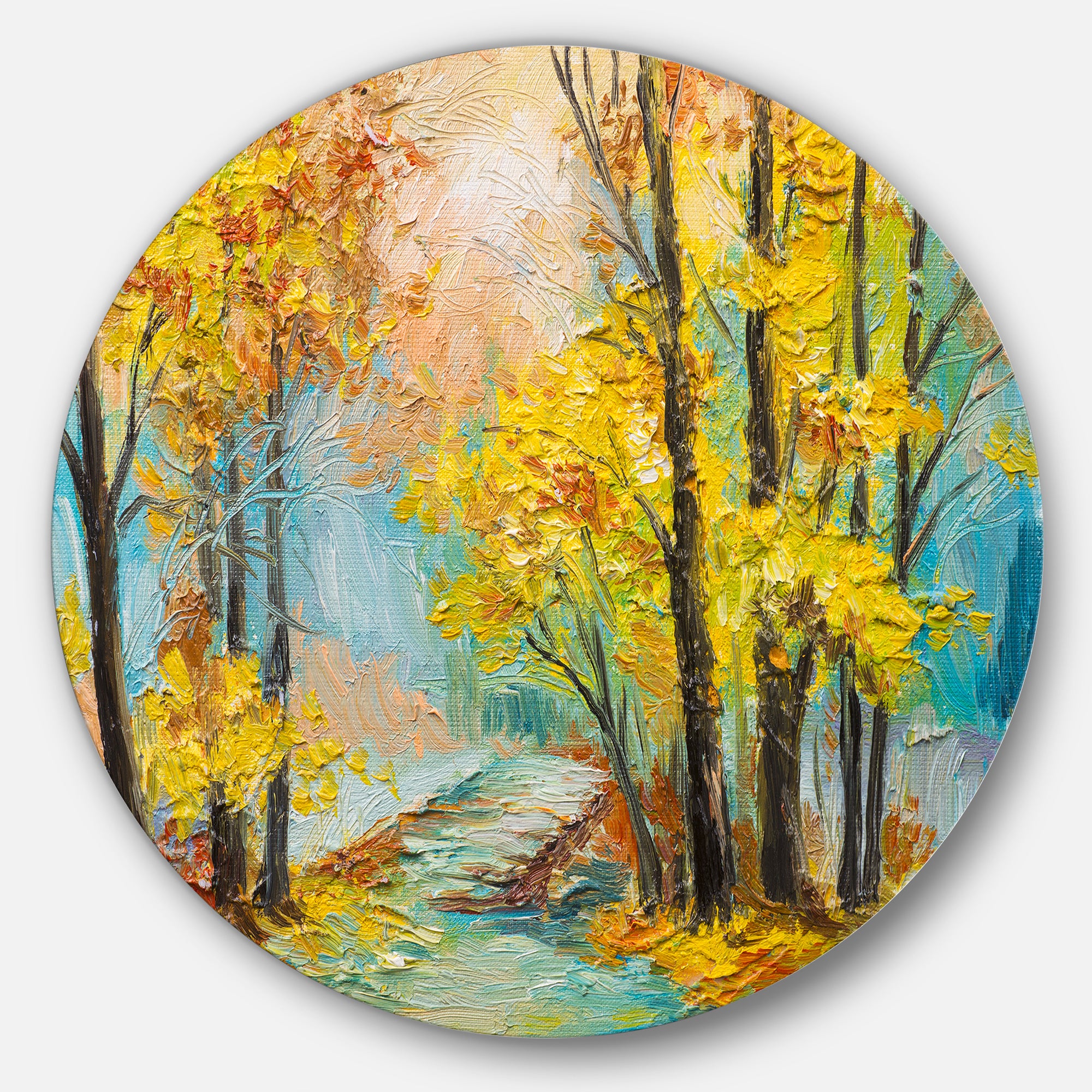 Yellow Falling Forest' Landscape Metal Circle Wall Art