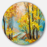 Yellow Falling Forest' Landscape Metal Circle Wall Art