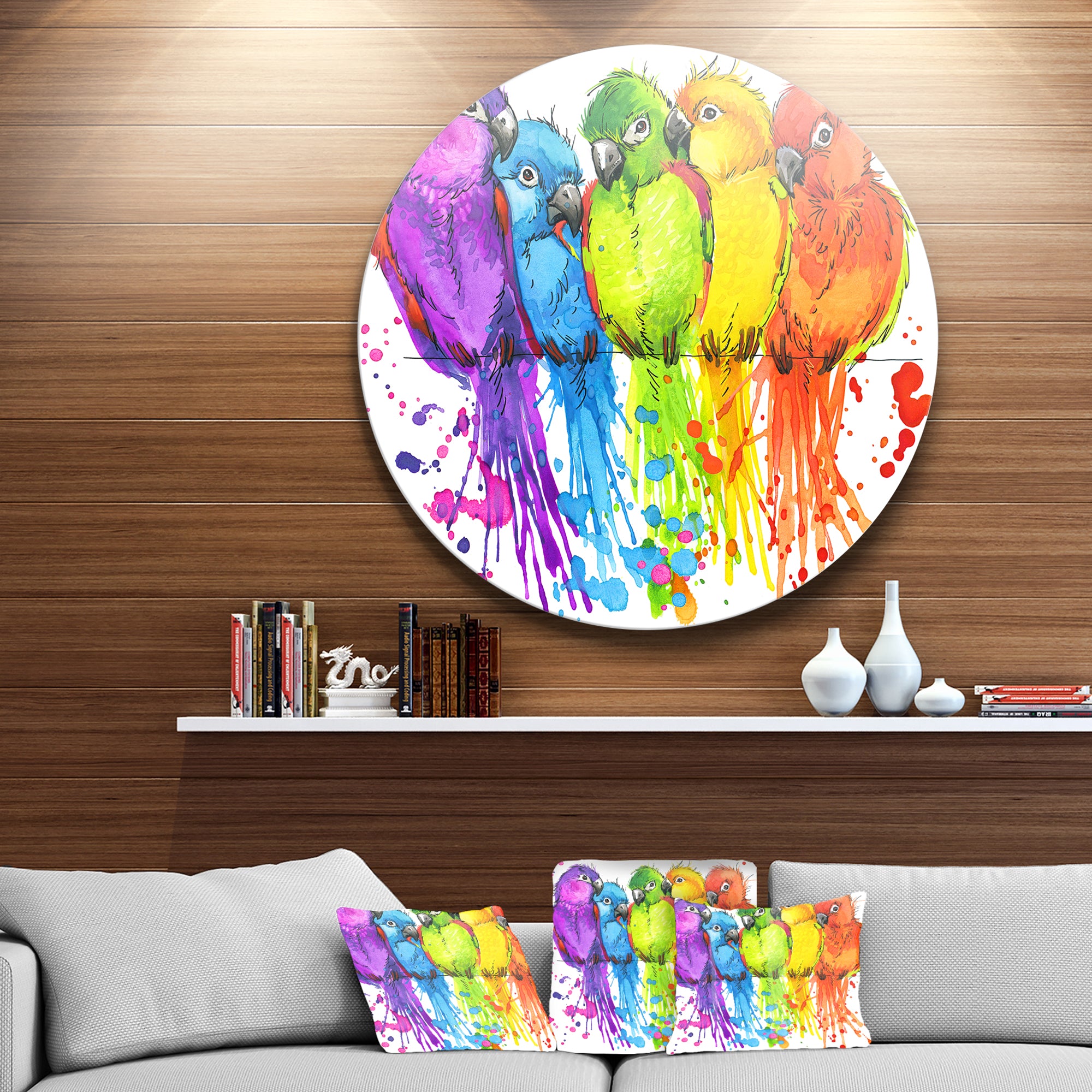 Colorful Parrots Illustration' Animal Metal Circle Wall Art