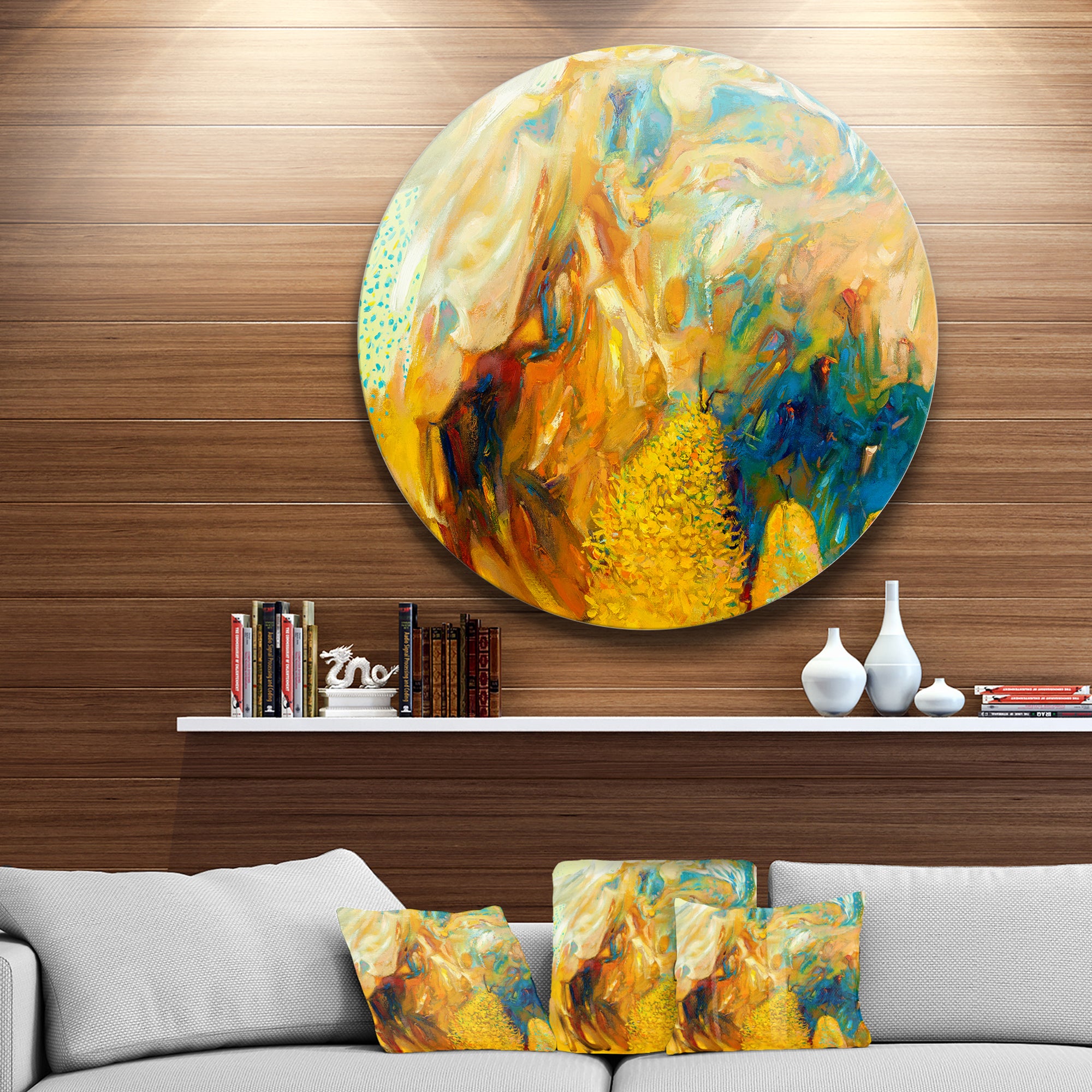 Abstract Yellow Collage' Large Abstract Metal Circle Wall Art