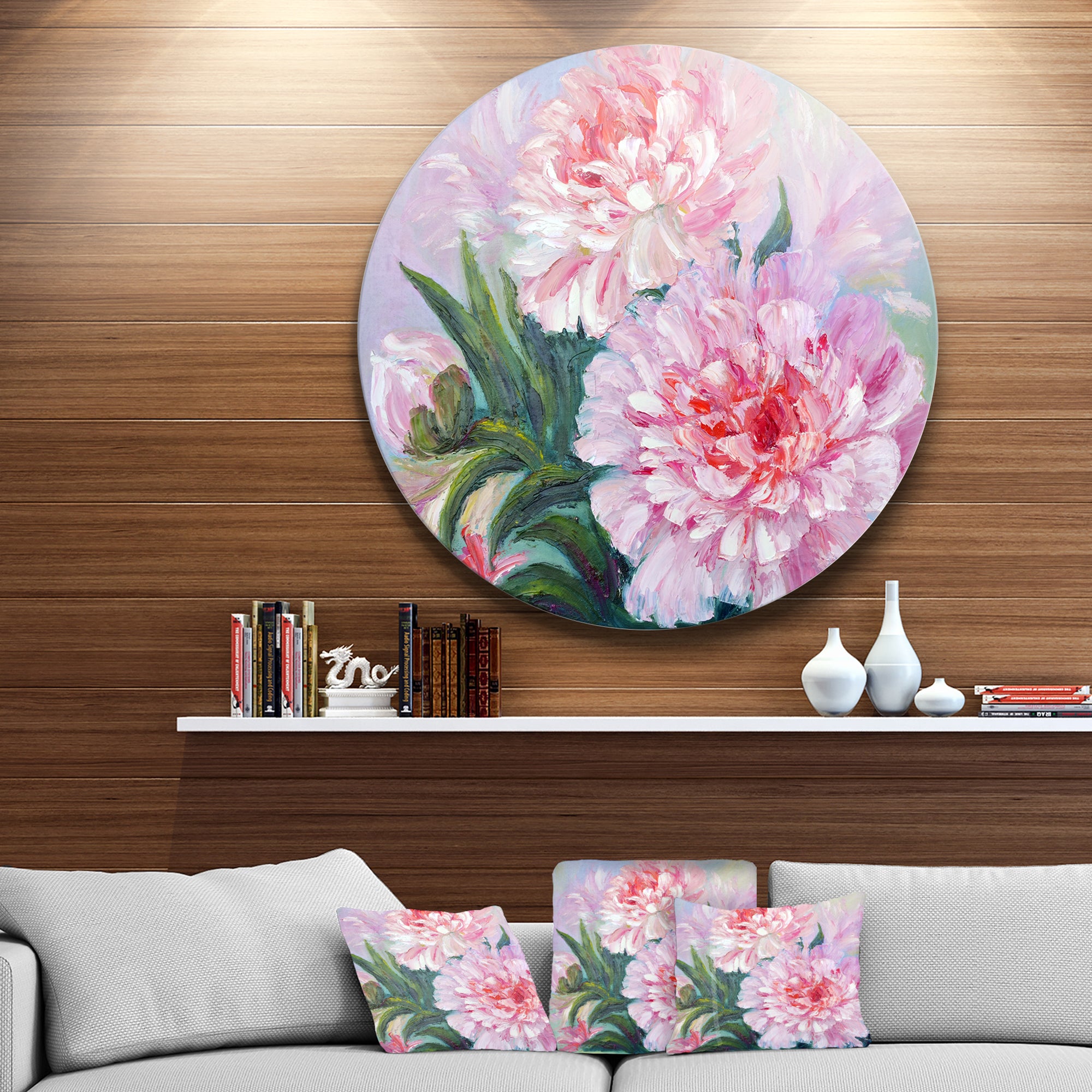 Full Blown Peonies' Floral Circle Metal Wall Art