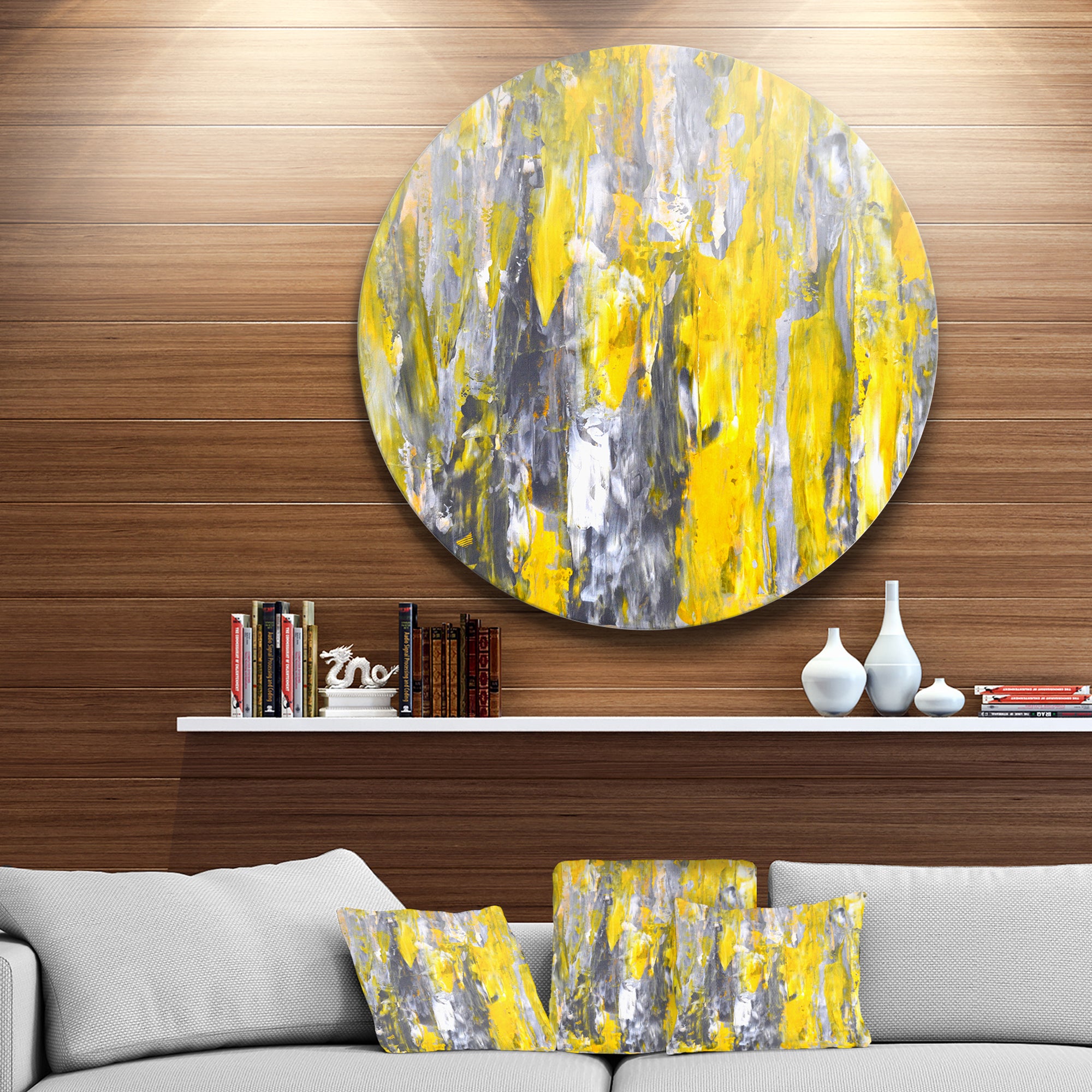 Grey and Yellow Abstract Pattern' Abstract Circle Metal Wall Art