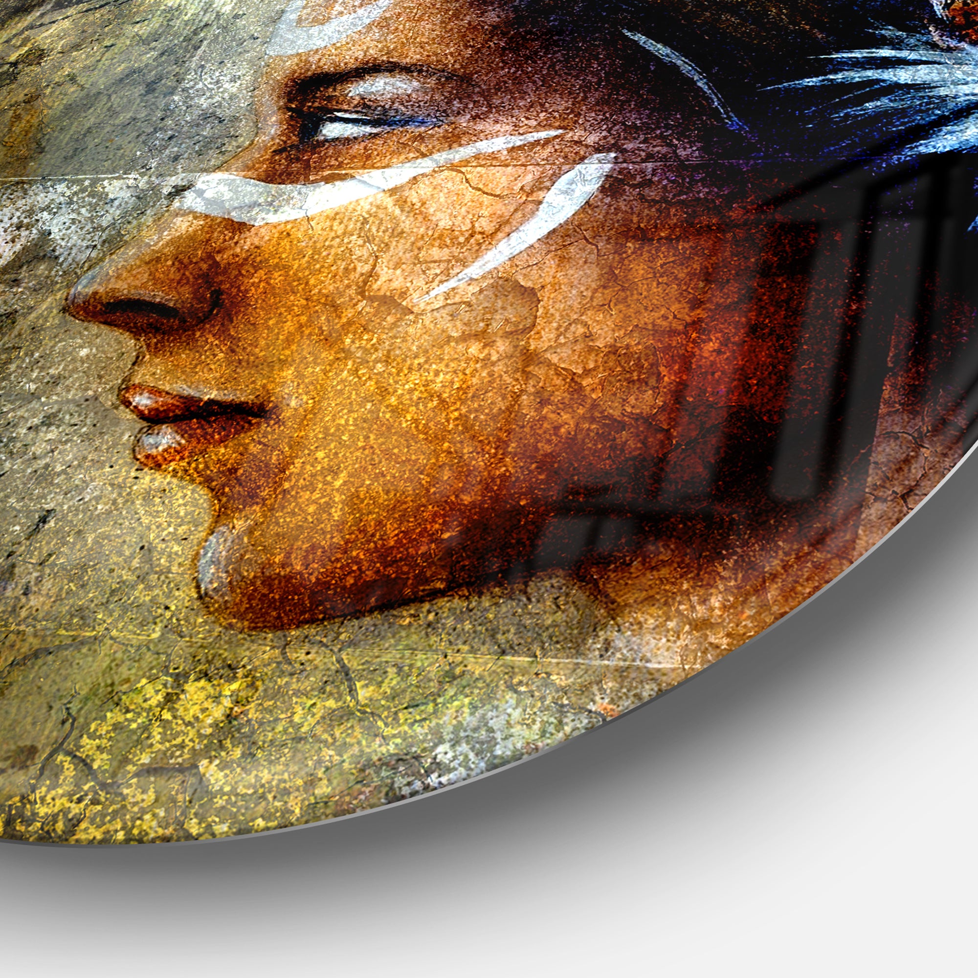 Indian Woman with Headdress' Portrait Circle Metal Wall Art