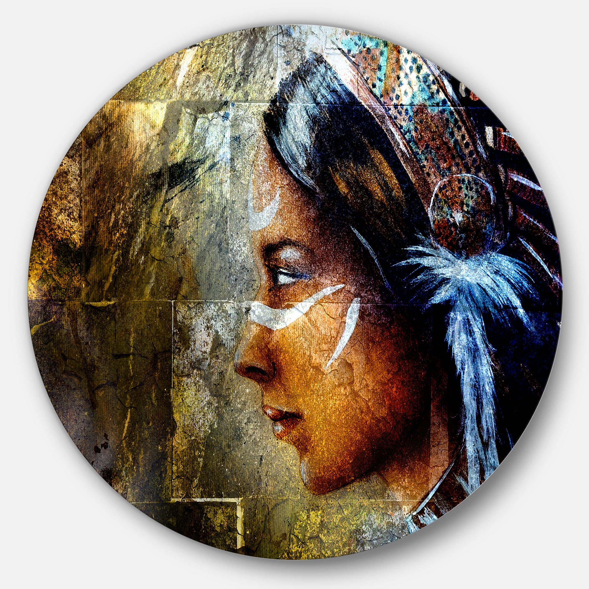 Indian Woman with Headdress' Portrait Circle Metal Wall Art