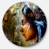 Indian Woman with Headdress' Portrait Circle Metal Wall Art