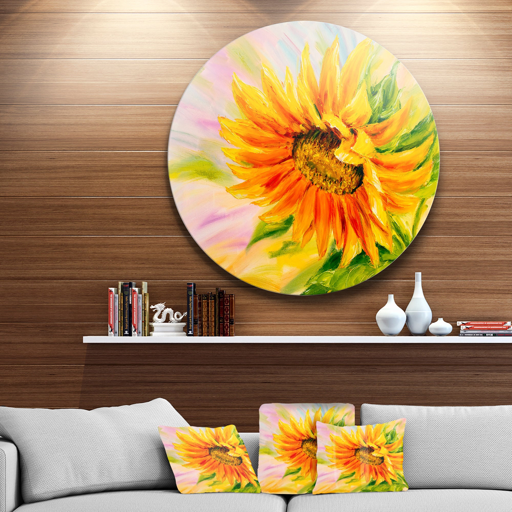 Sunflower Oil Painting' Floral Circle Metal Wall Art