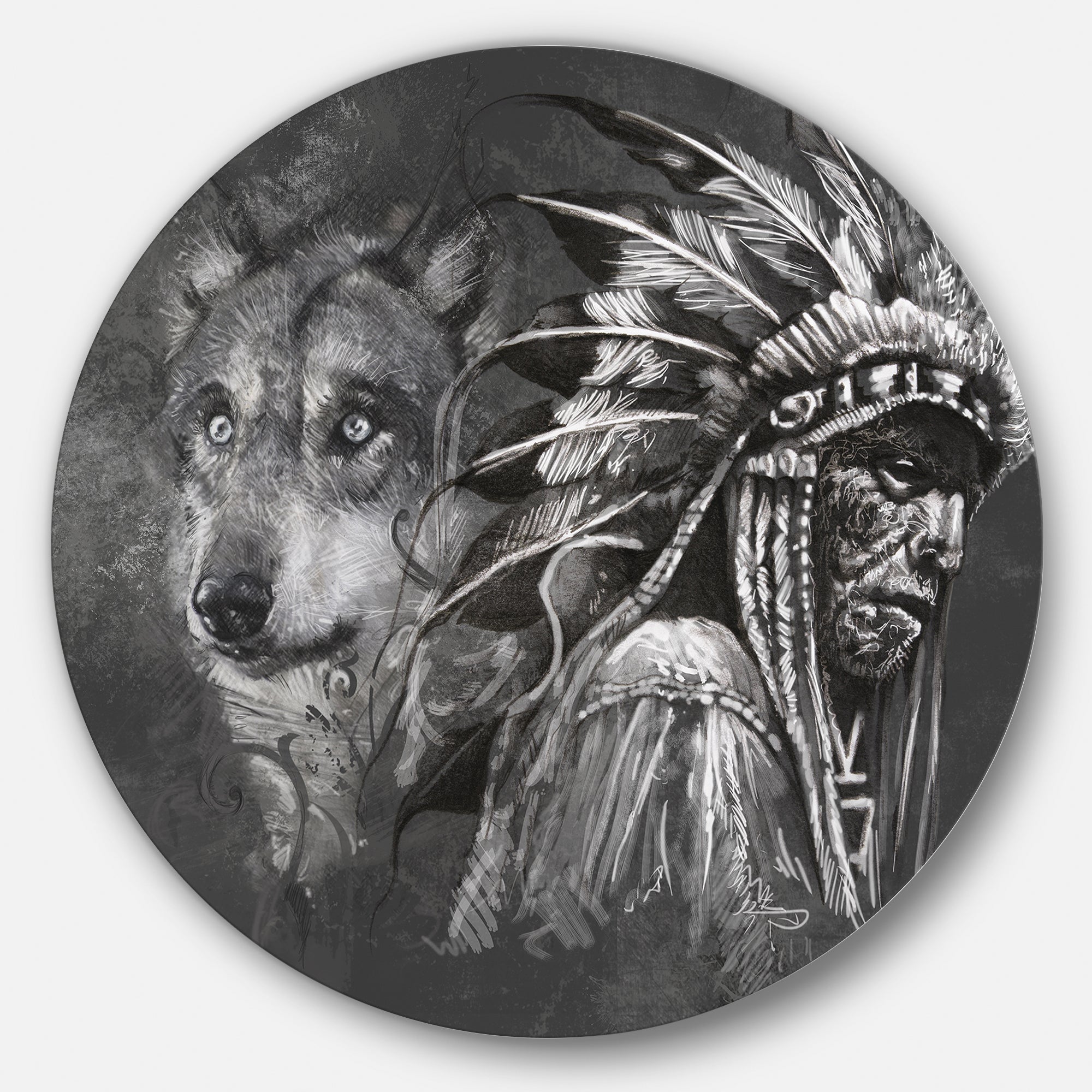 Wolf and American Indian Chief' Abstract Metal Artwork