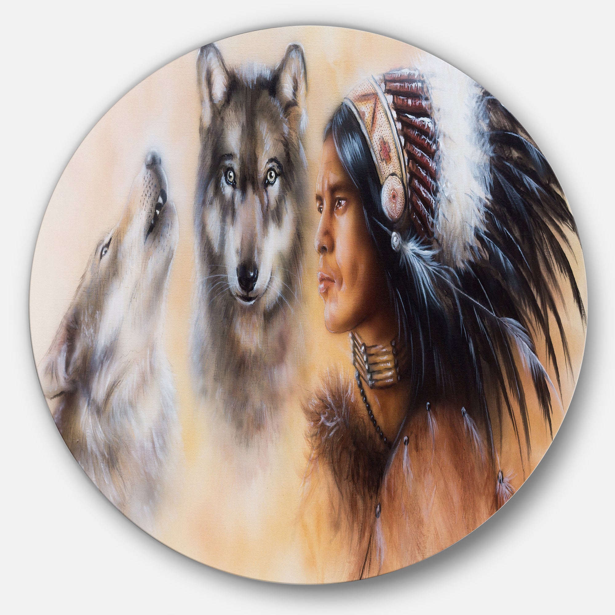 Indian Warrior with Two Wolves' Disc Animal Circle Metal Wall Art