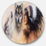 Indian Warrior with Two Wolves' Disc Animal Circle Metal Wall Art