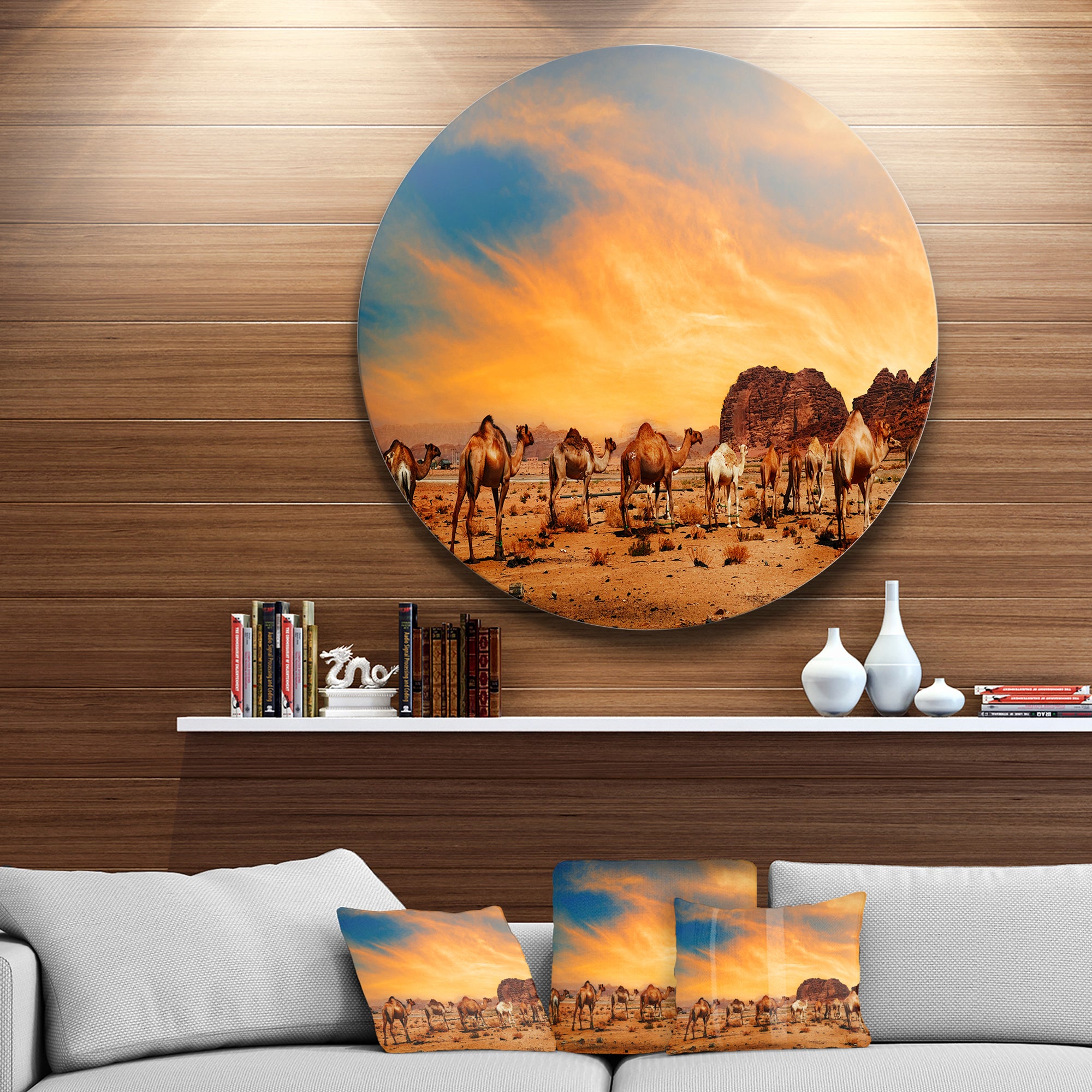 Camels in Wadi Rum' Disc Photography Circle Metal Wall Art