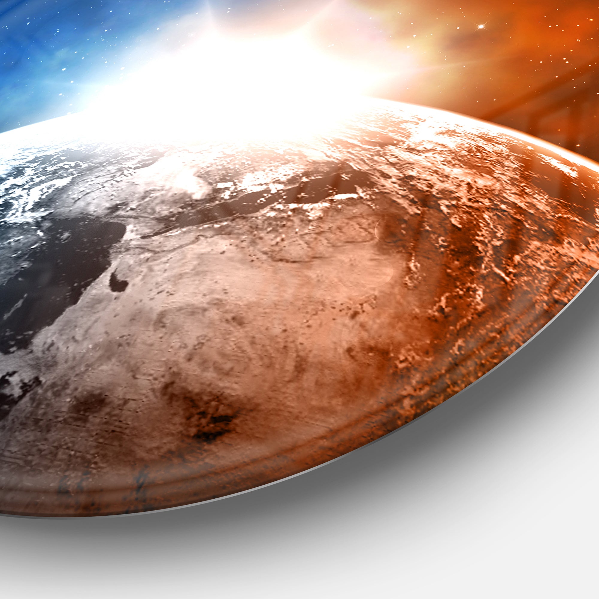 Planet with Sunrise in Space' Disc Contemporary Circle Metal Wall Art