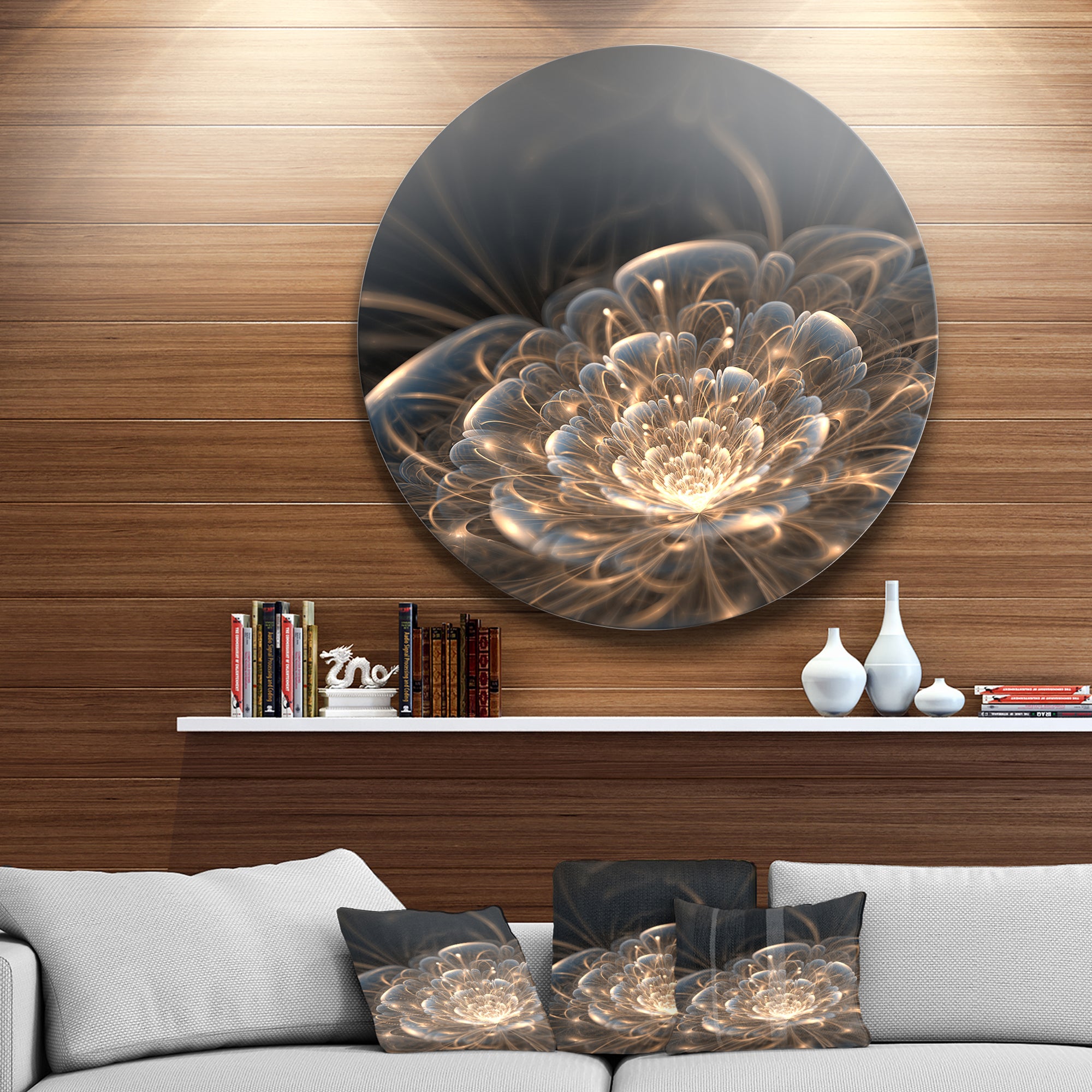 Fractal Flower with Golden Rays' Disc Floral Circle Metal Wall Art