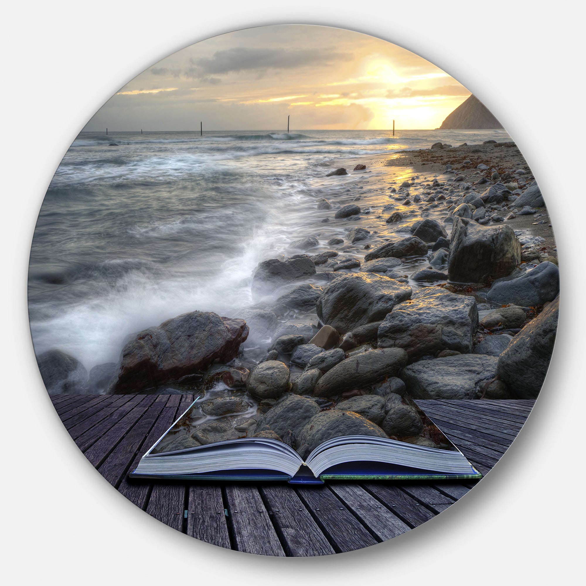 Open Book to the Evening Sea' Disc Contemporary Circle Metal Wall Art