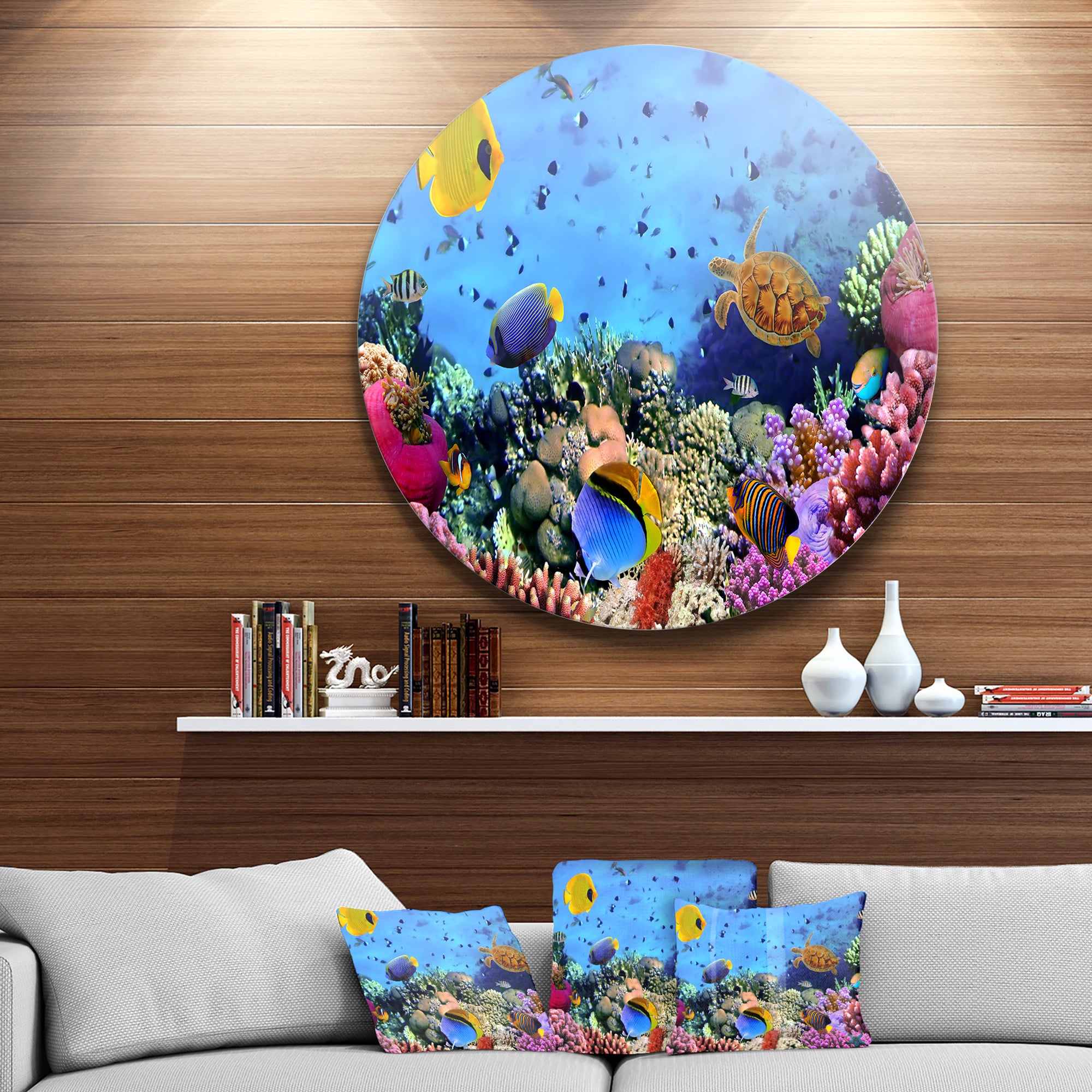Coral Colony and Coral Fishes' Disc Seascape Circle Metal Wall Art