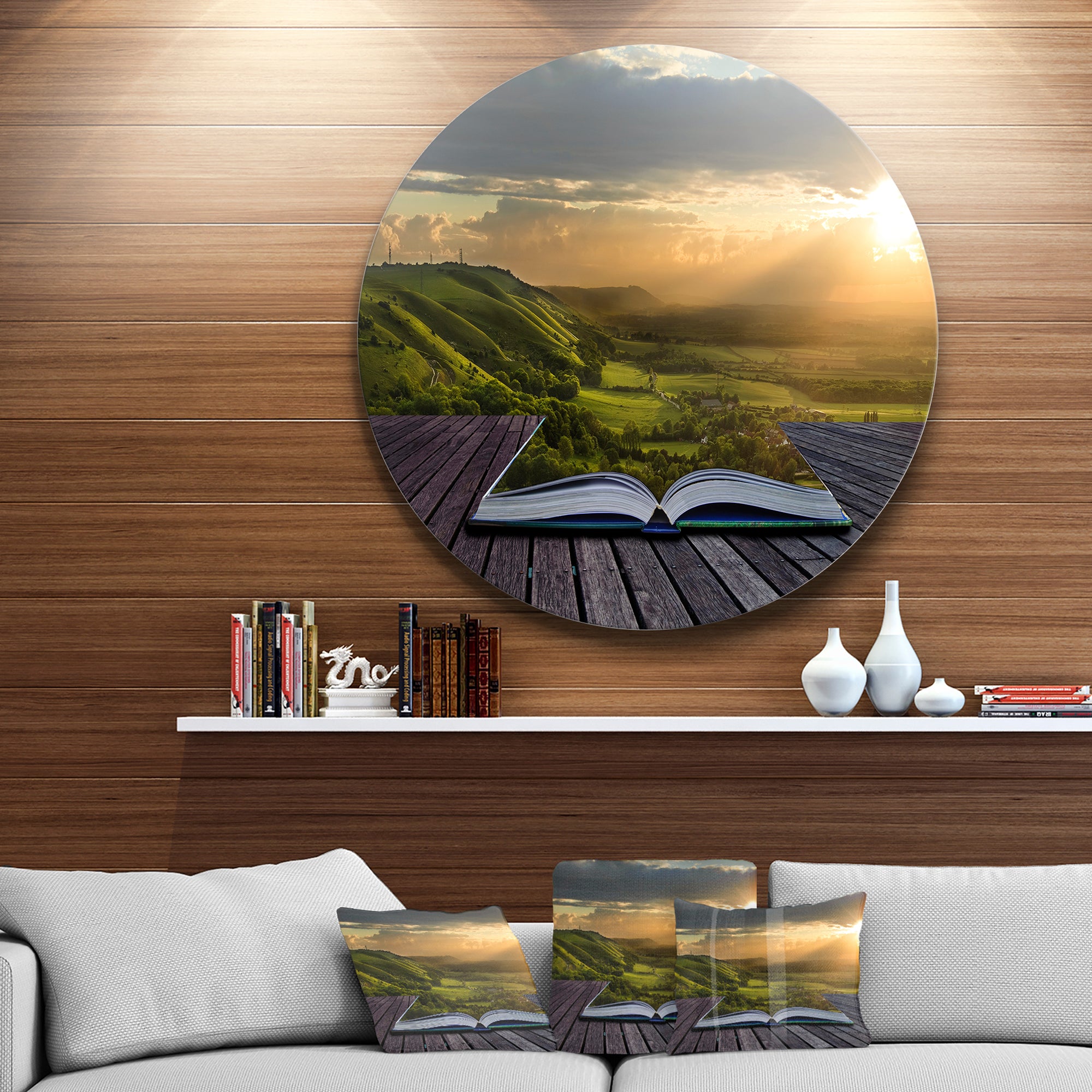 Open Book to Green Valley' Disc Contemporary Landscape Circle Metal Wall Art