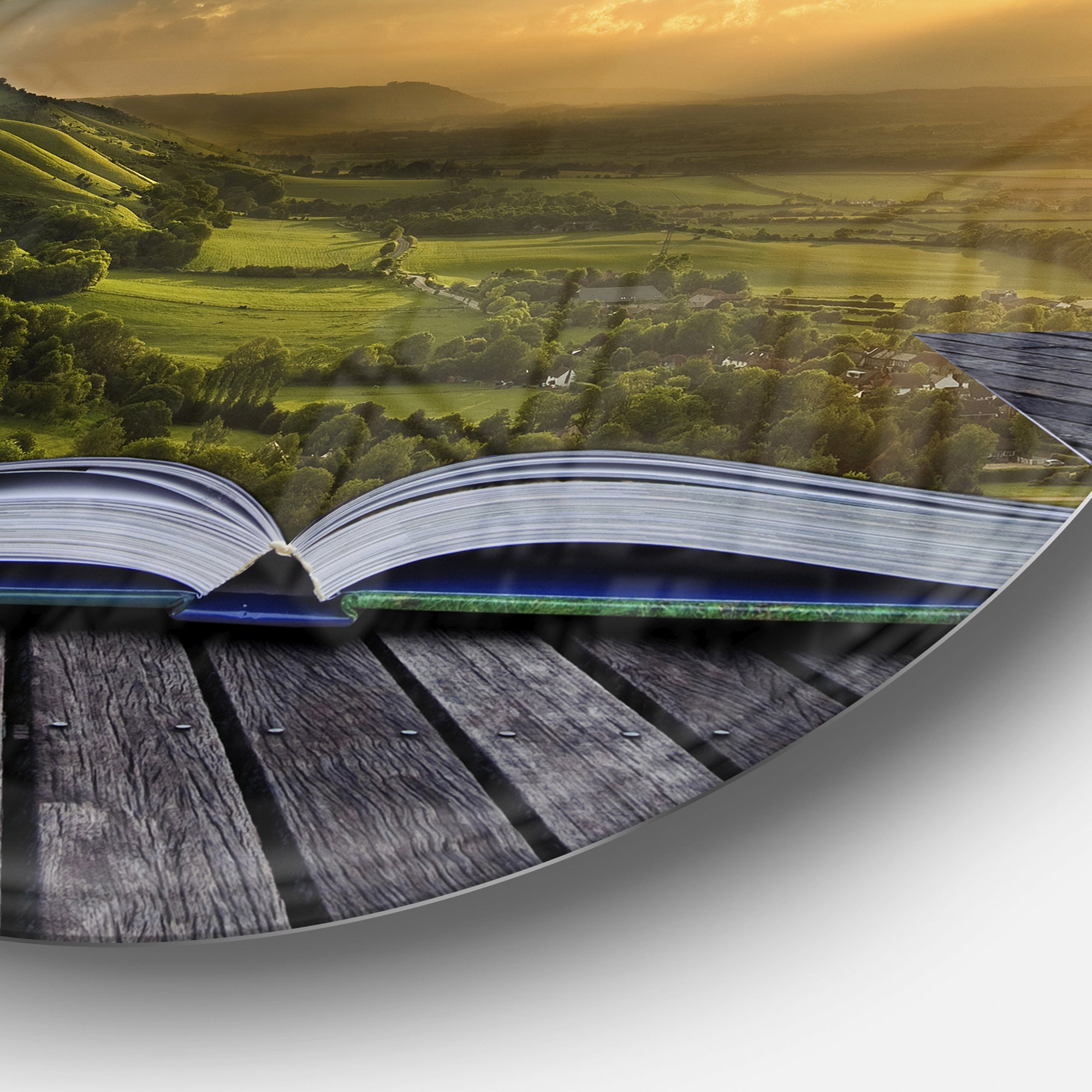 Open Book to Green Valley' Disc Contemporary Landscape Circle Metal Wall Art