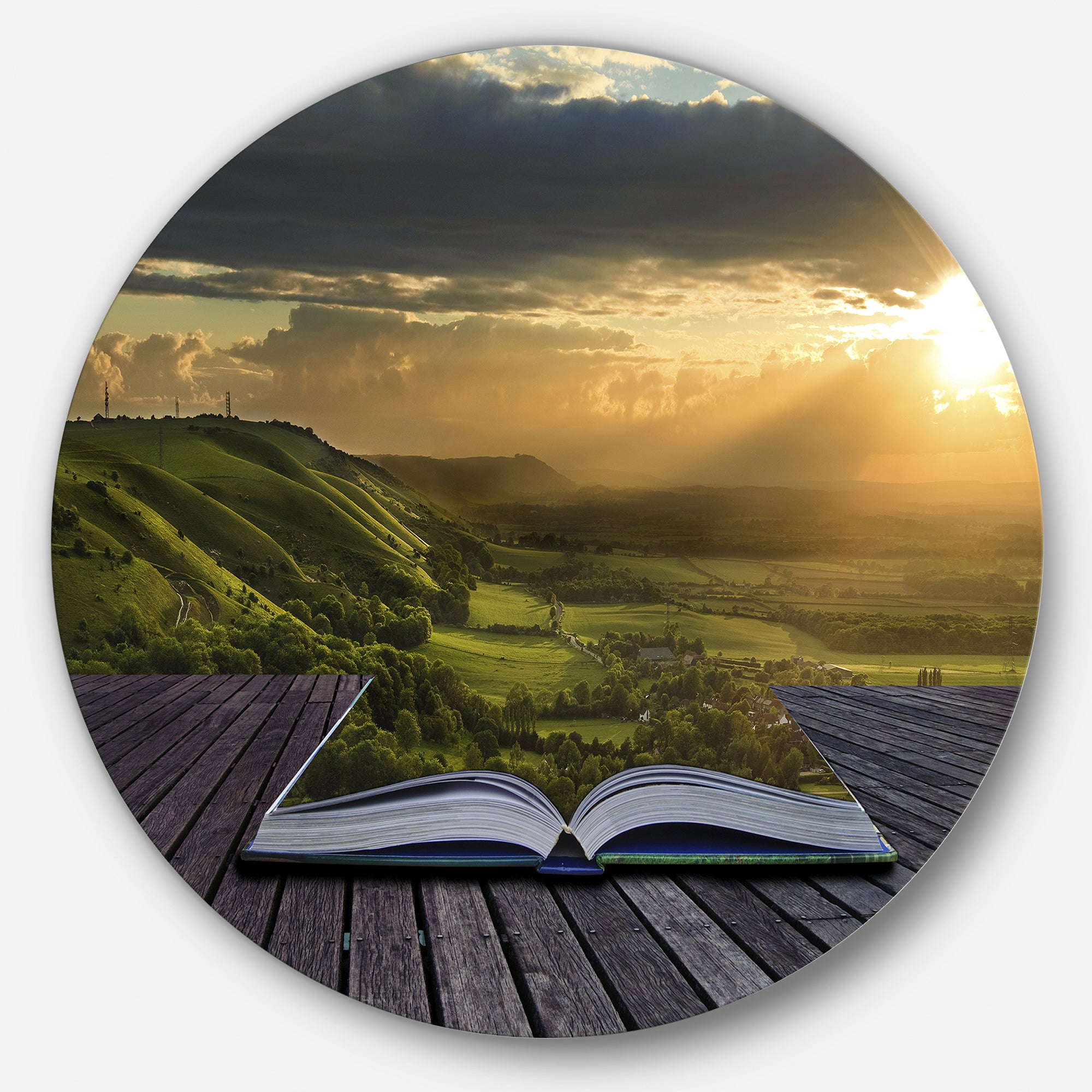 Open Book to Green Valley' Disc Contemporary Landscape Circle Metal Wall Art