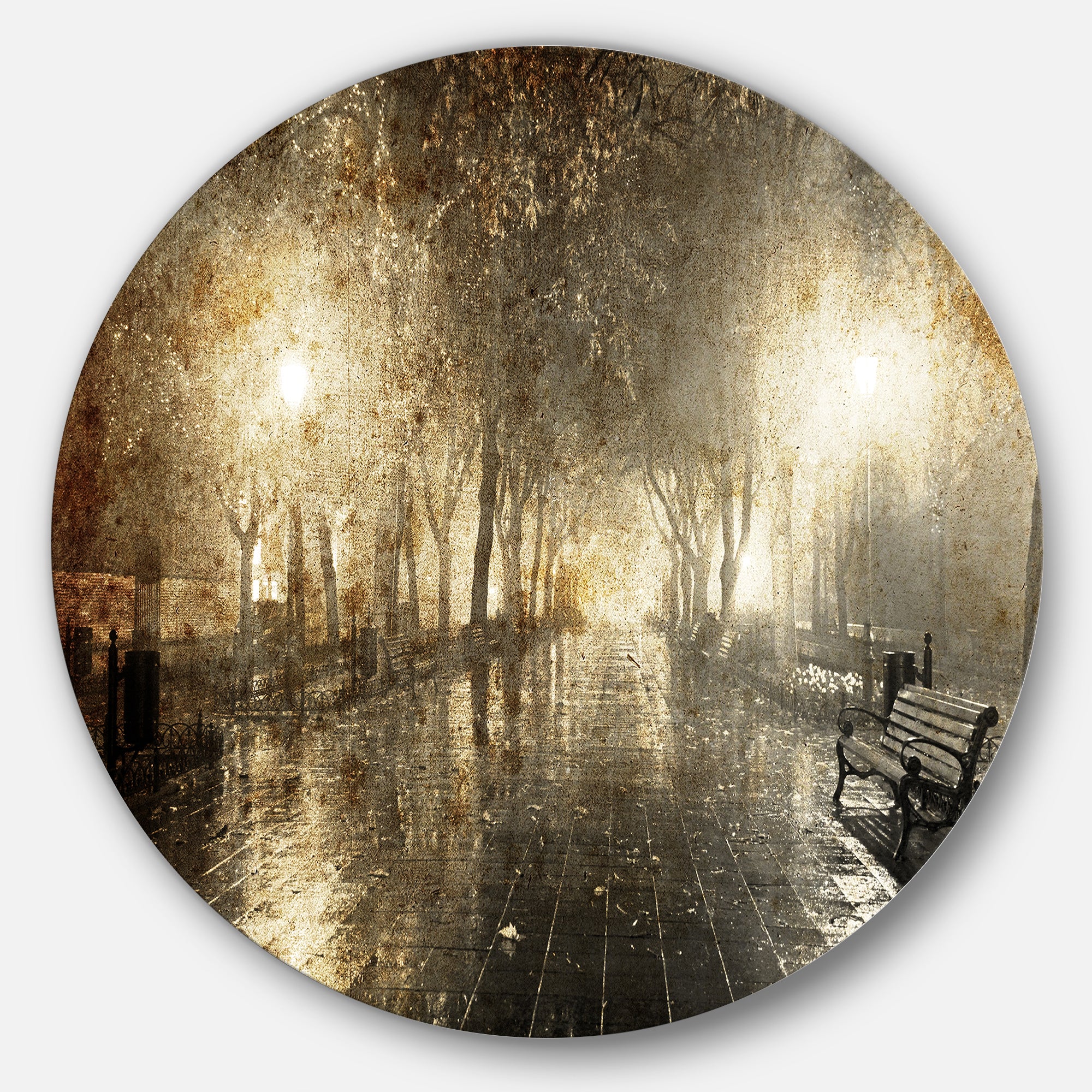 Night Alley with Lights' Disc Photography Landscape Circle Metal Wall Art