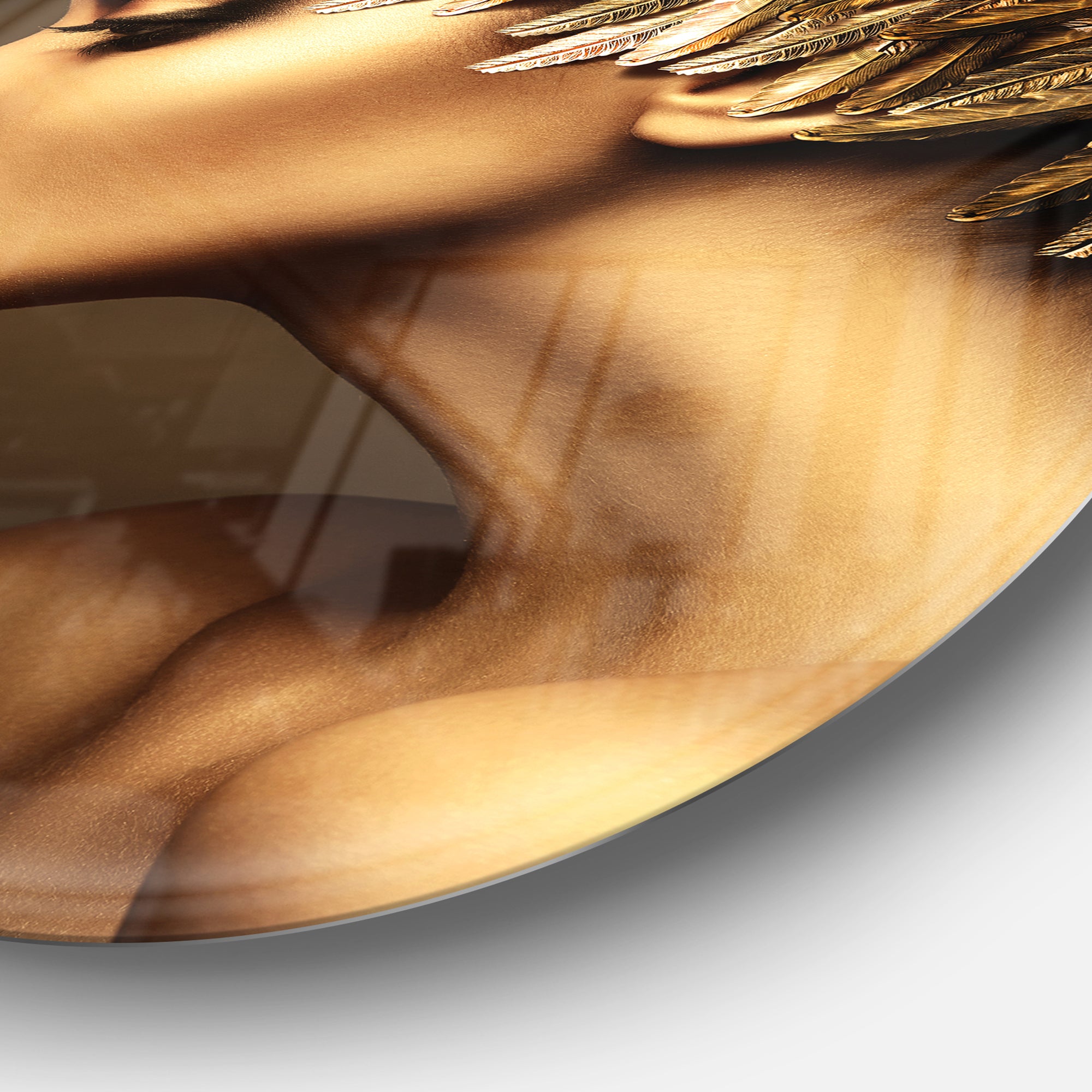 Woman with Gold Feather Hat' Disc Contemporary Circle Metal Wall Art