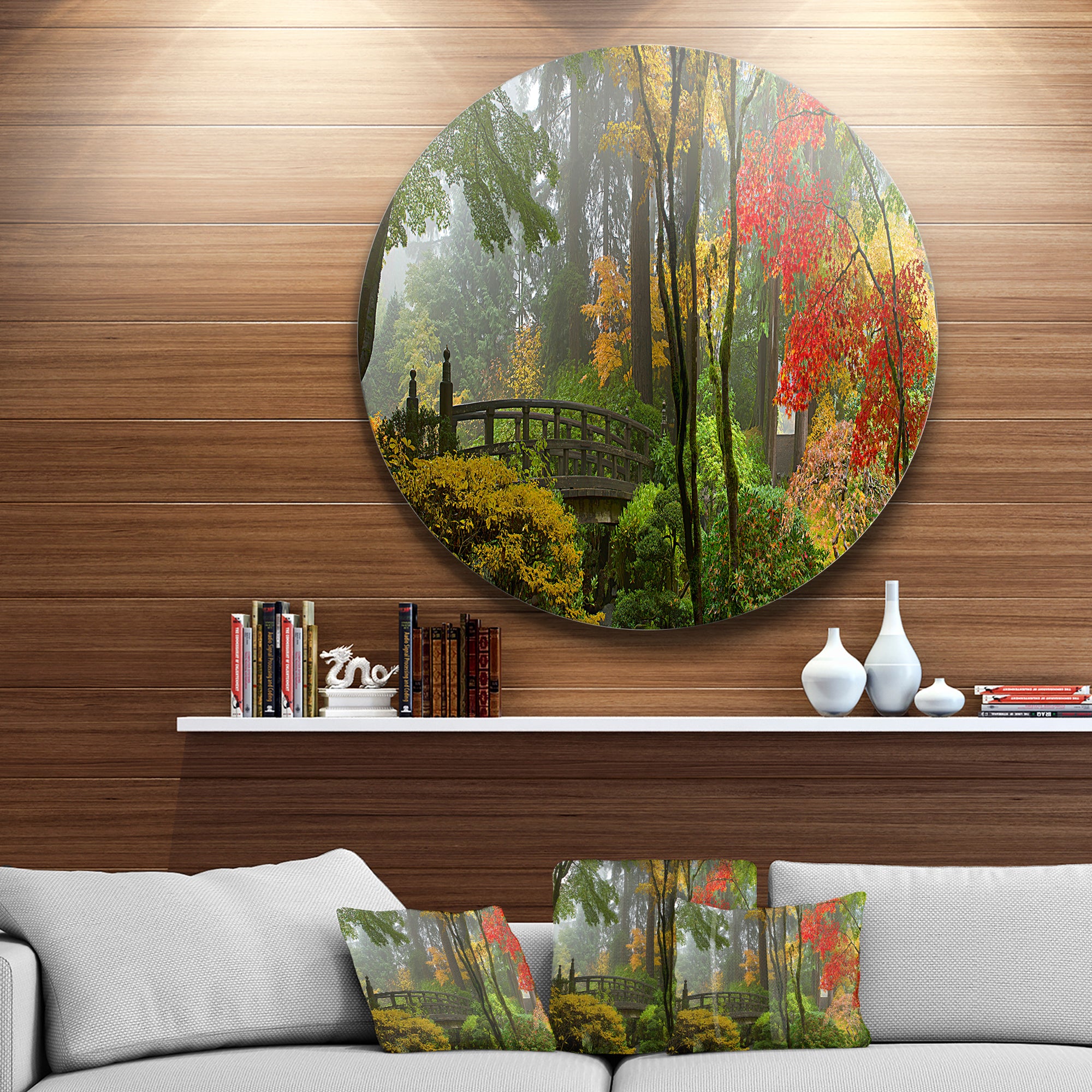 Japanese Wooden Bridge in Fall' Disc Photography Circle Metal Wall Art