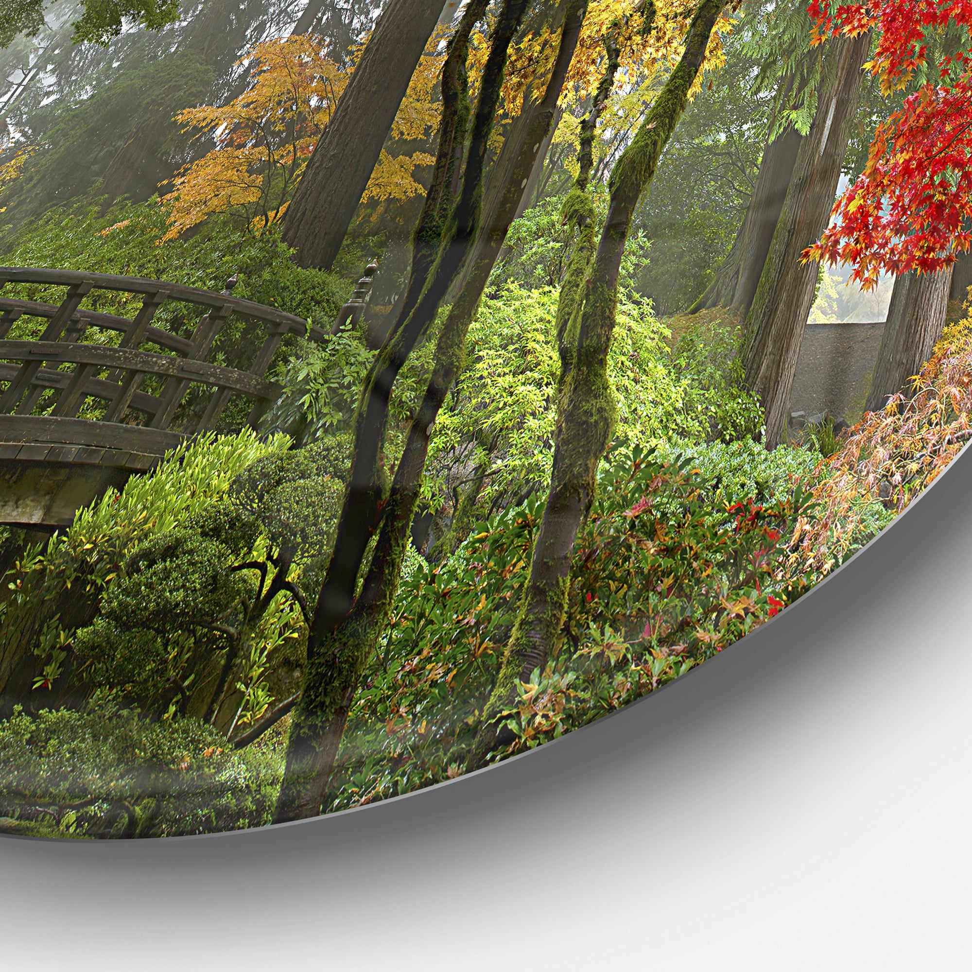 Japanese Wooden Bridge in Fall' Disc Photography Circle Metal Wall Art