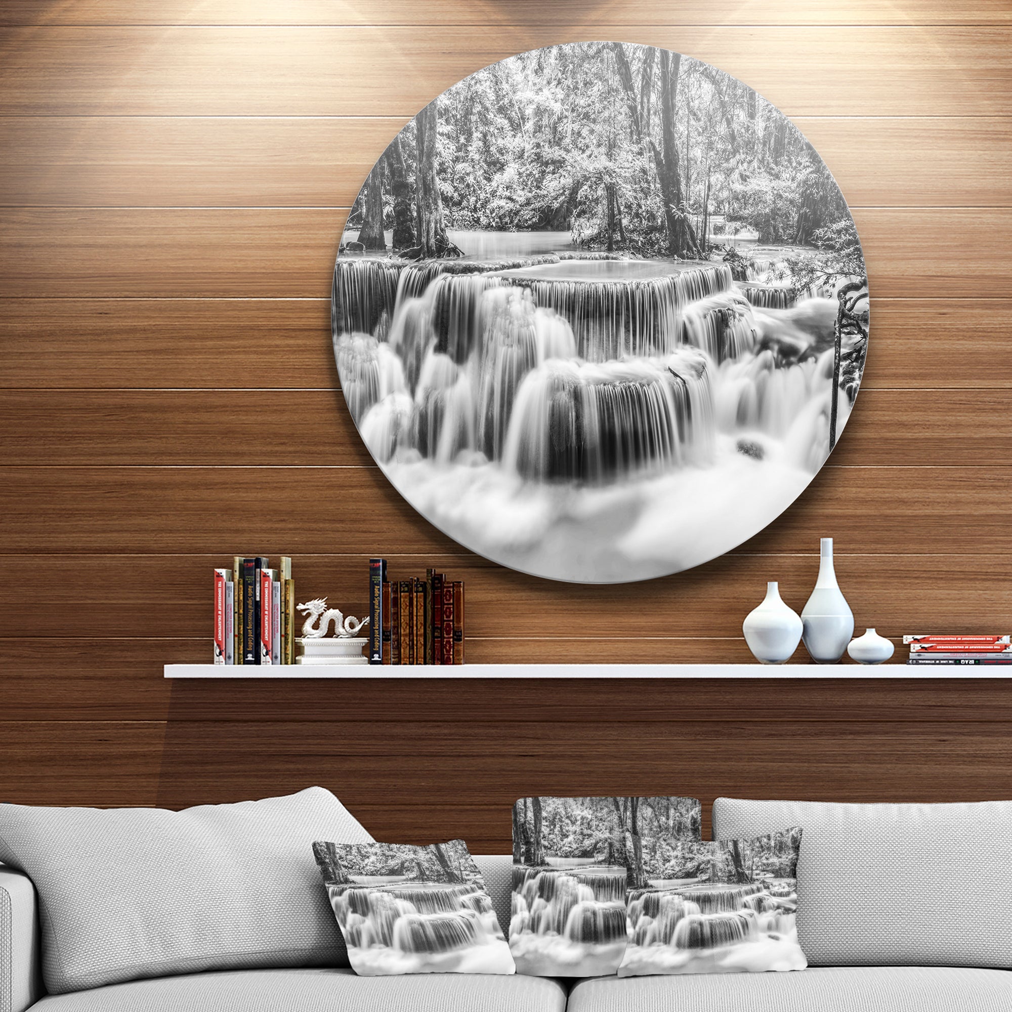 White Erawan Waterfall' Disc Landscape Photography Circle Metal Wall Art