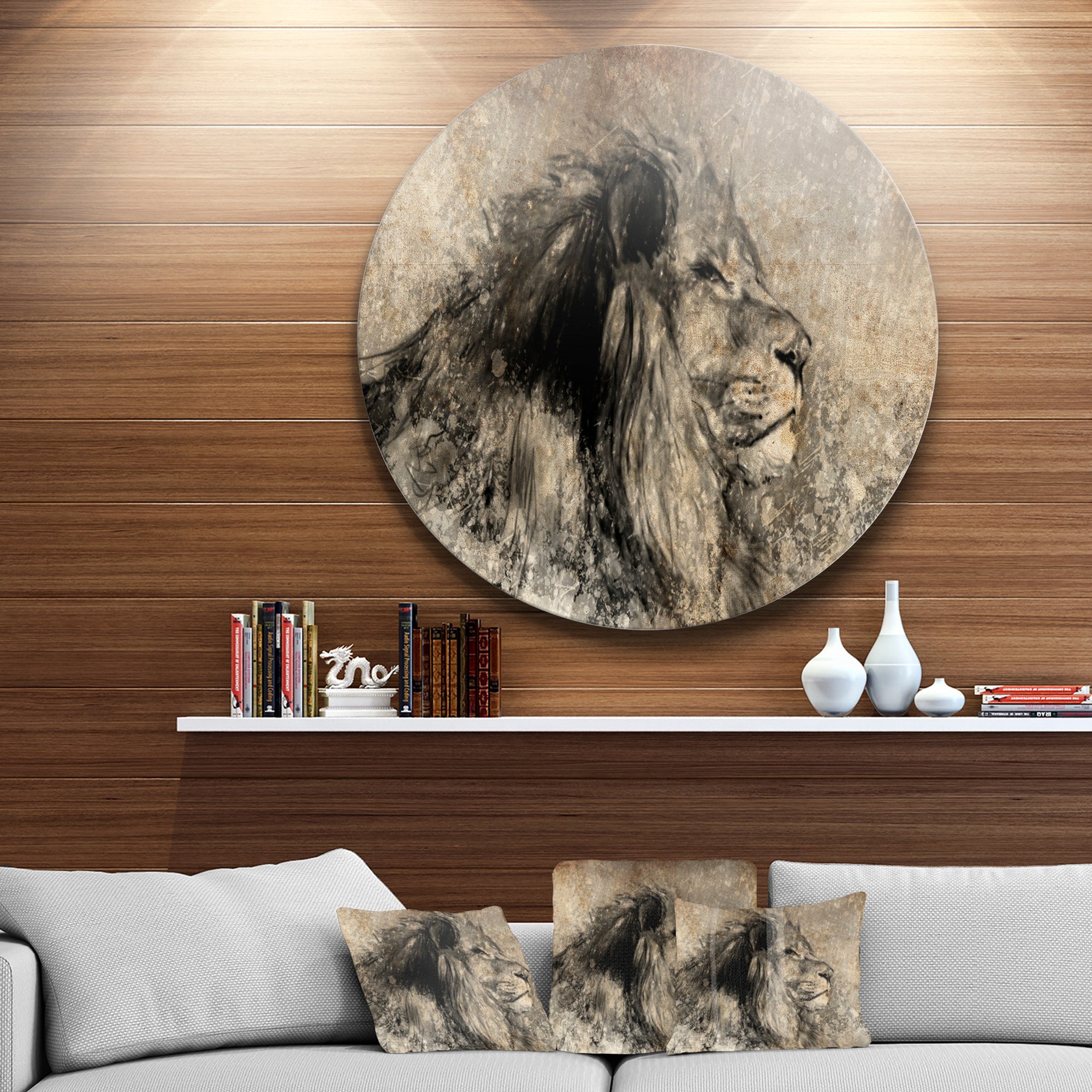 Lion in Sepia' Disc Animal Circle Metal Wall Art