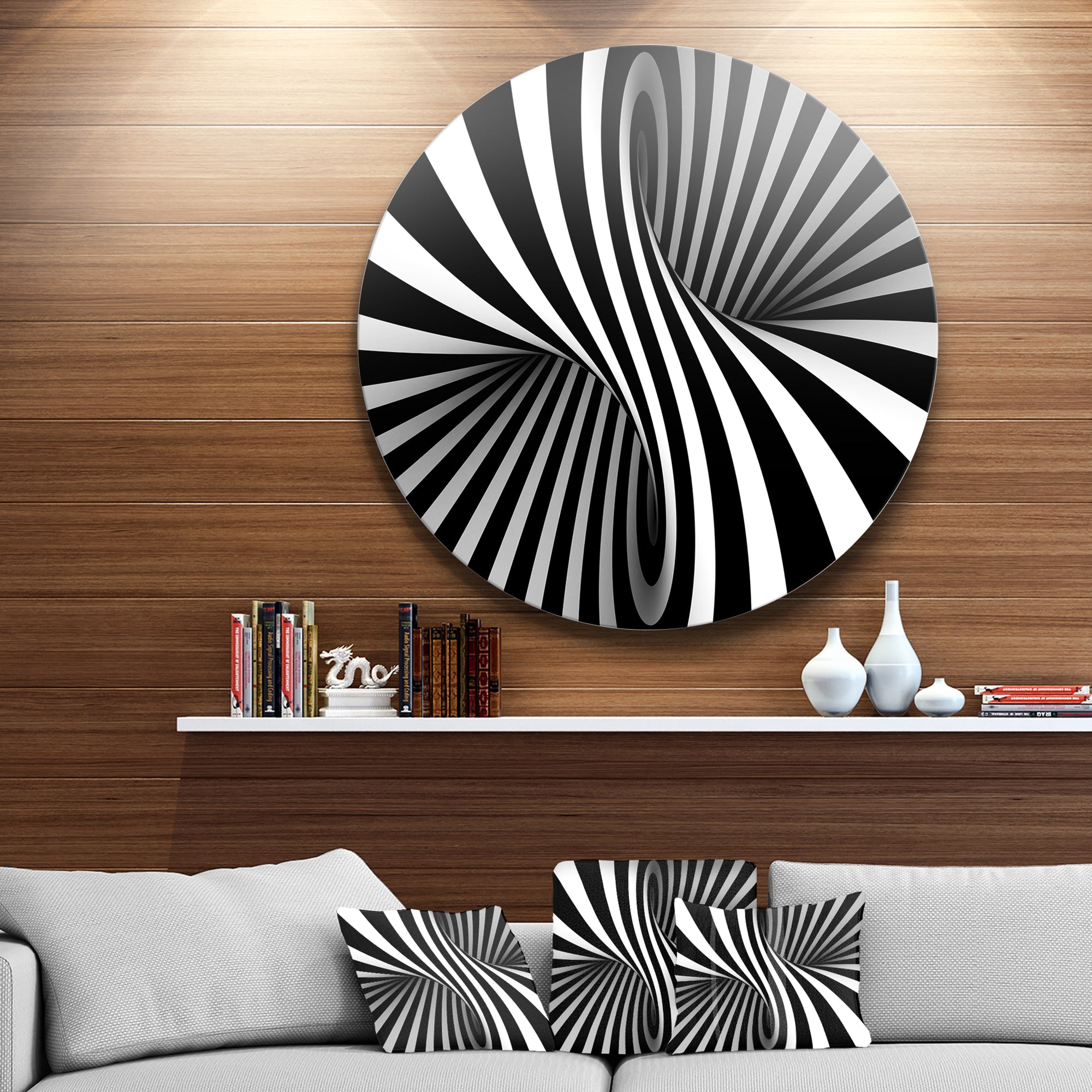 Black and White Spiral' Disc Abstract Circle Metal Wall Art