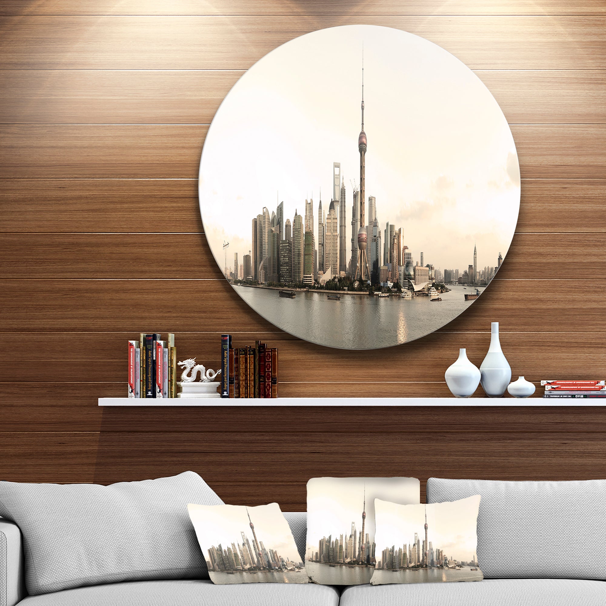 Shanghai s Architecture' Disc Cityscape Photo Circle Metal Wall Art