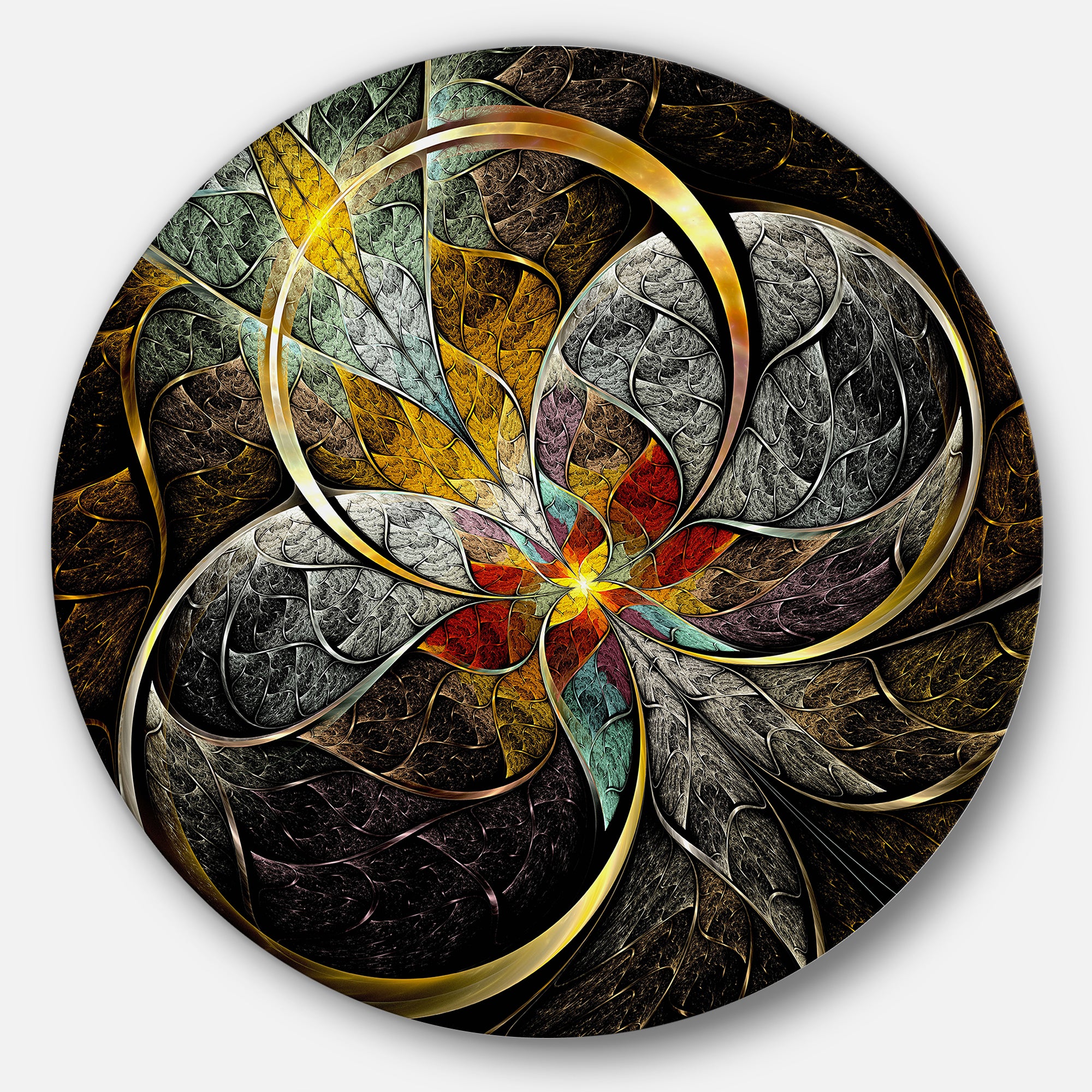 Symmetrical Brown Fractal Flowers' Disc Large Contemporary Circle Metal Wall Arts