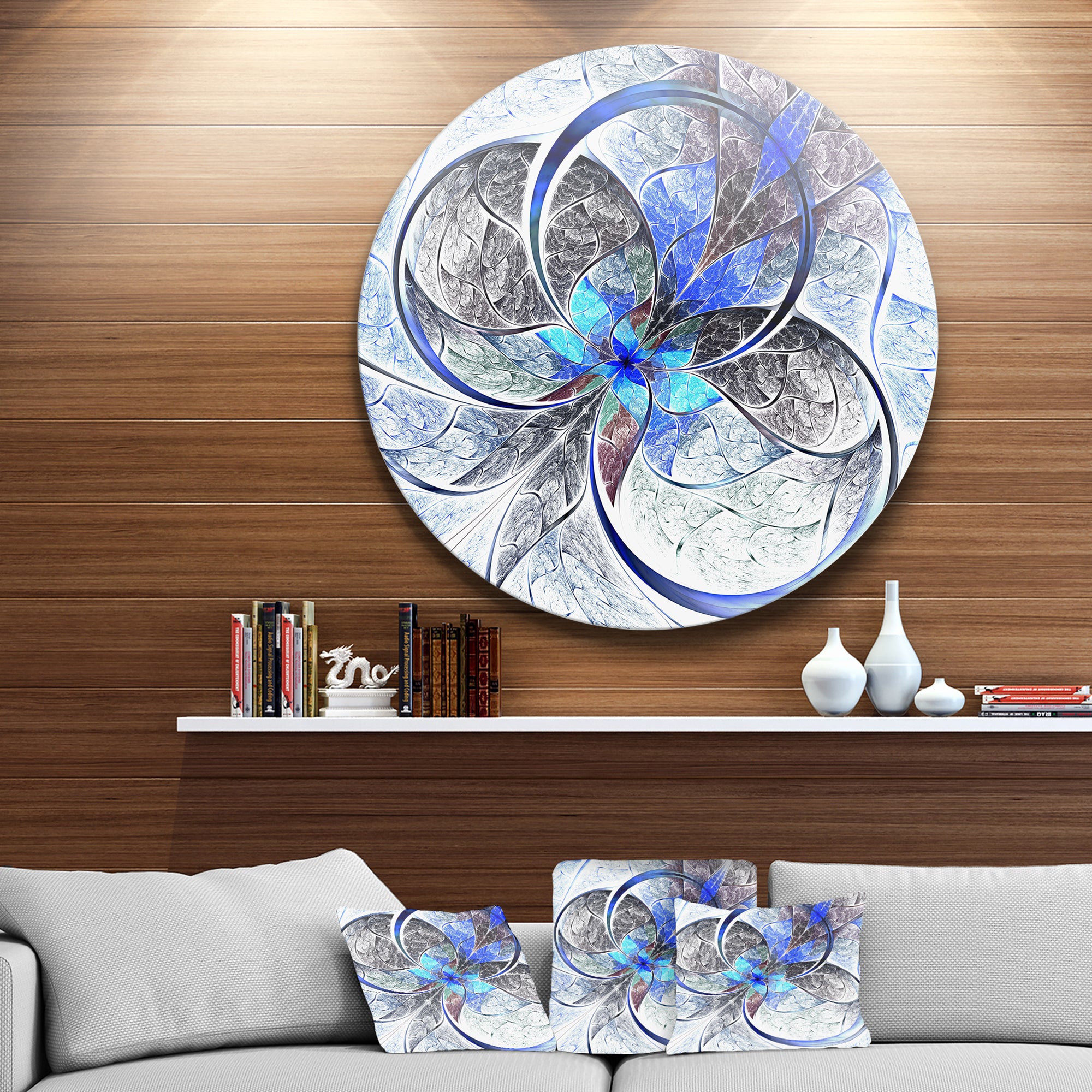 Symmetrical Blue Fractal Flower' Disc Large Contemporary Circle Metal Wall Arts