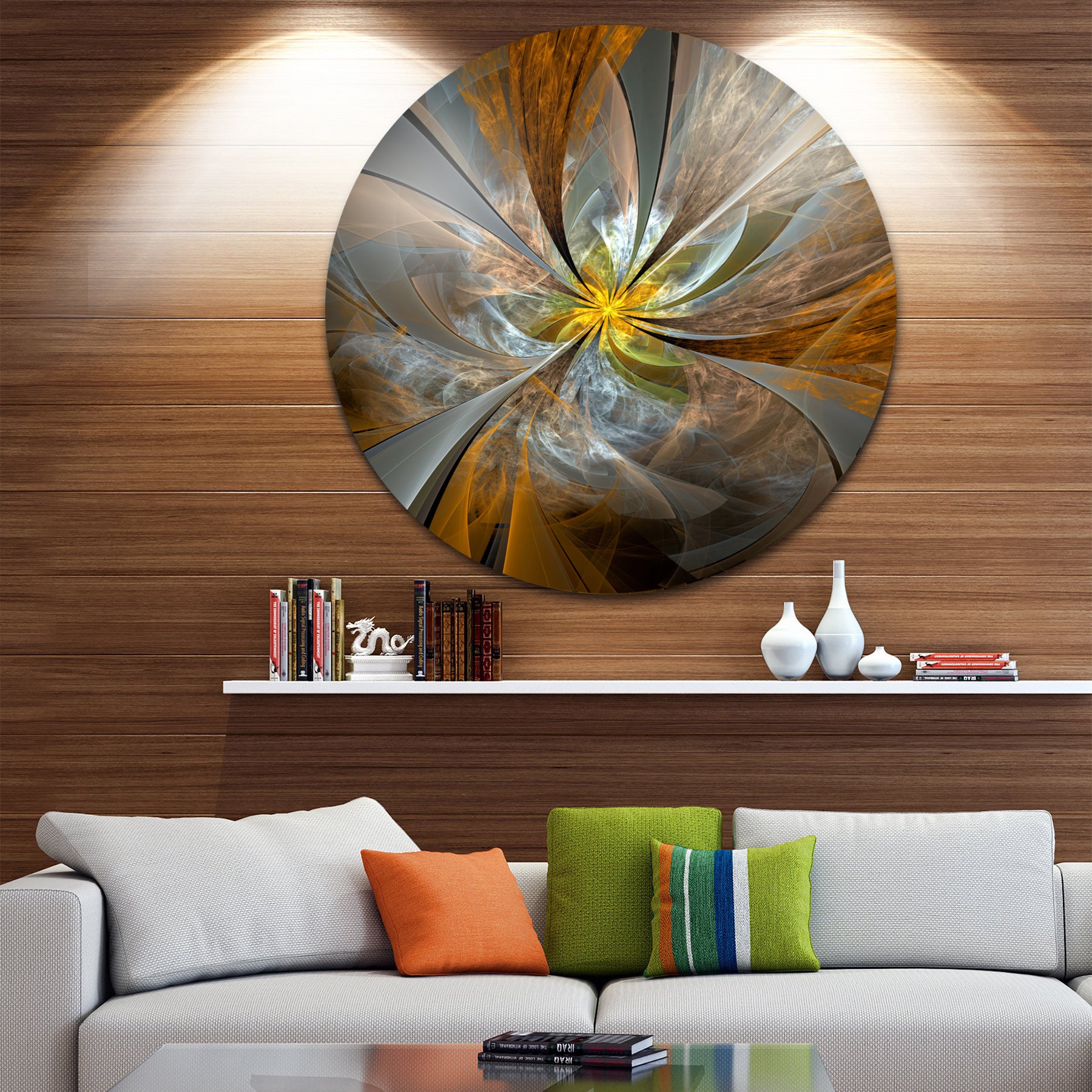 Symmetrical Yellow Fractal Flower' Disc Large Contemporary Circle Metal Wall Arts